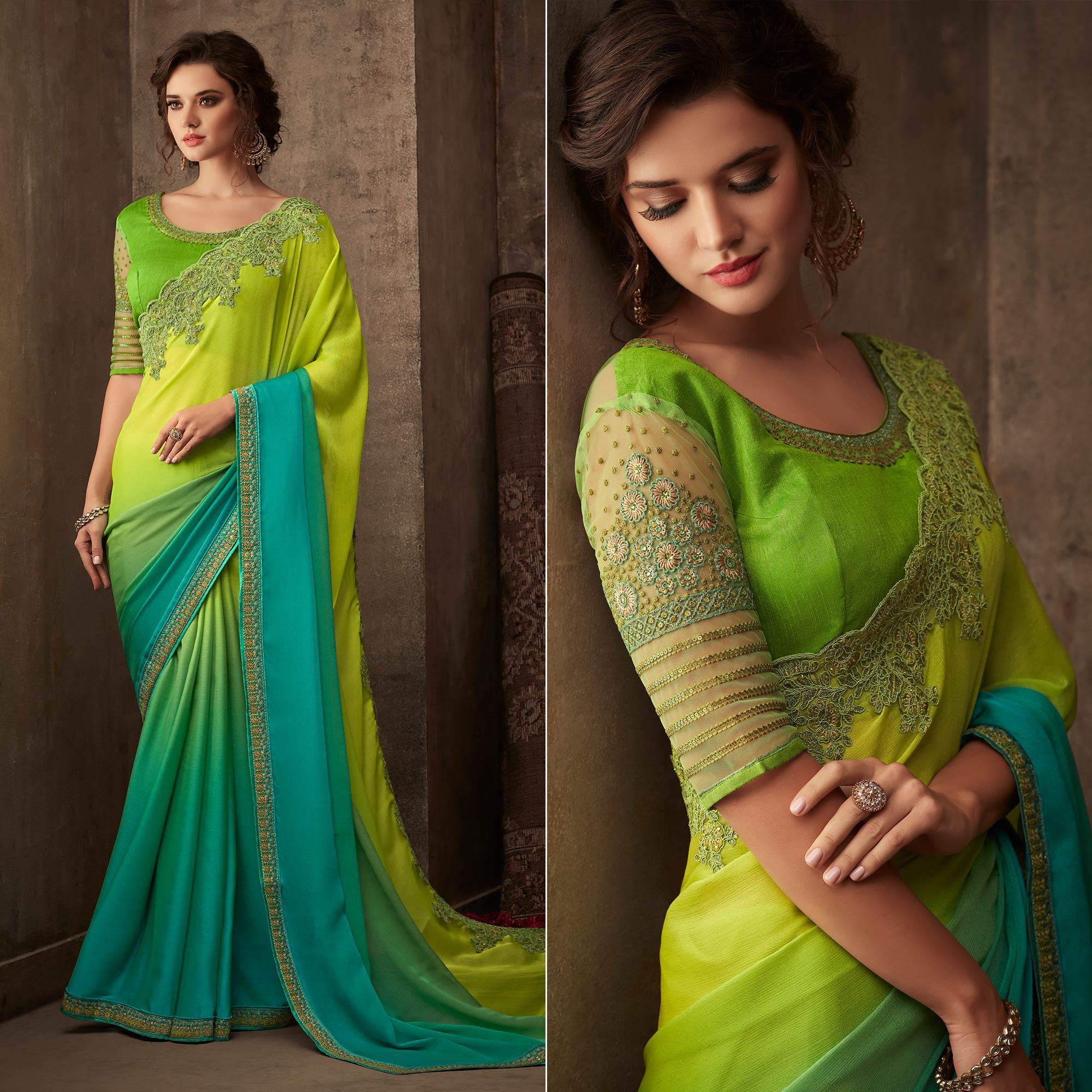 Green & Blue Floral Sequence Embroidered Chiffon Saree - Peachmode