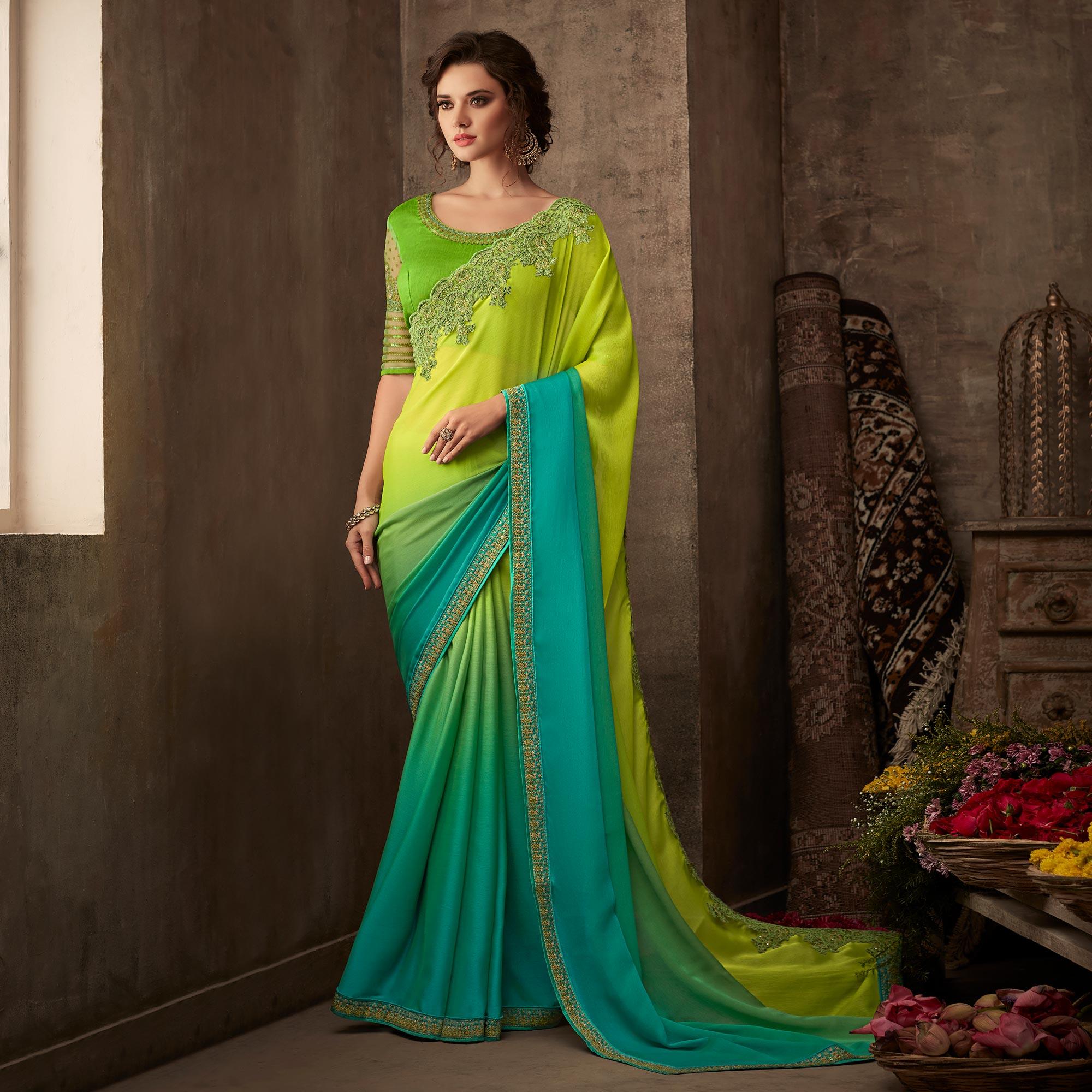 Green & Blue Floral Sequence Embroidered Chiffon Saree - Peachmode