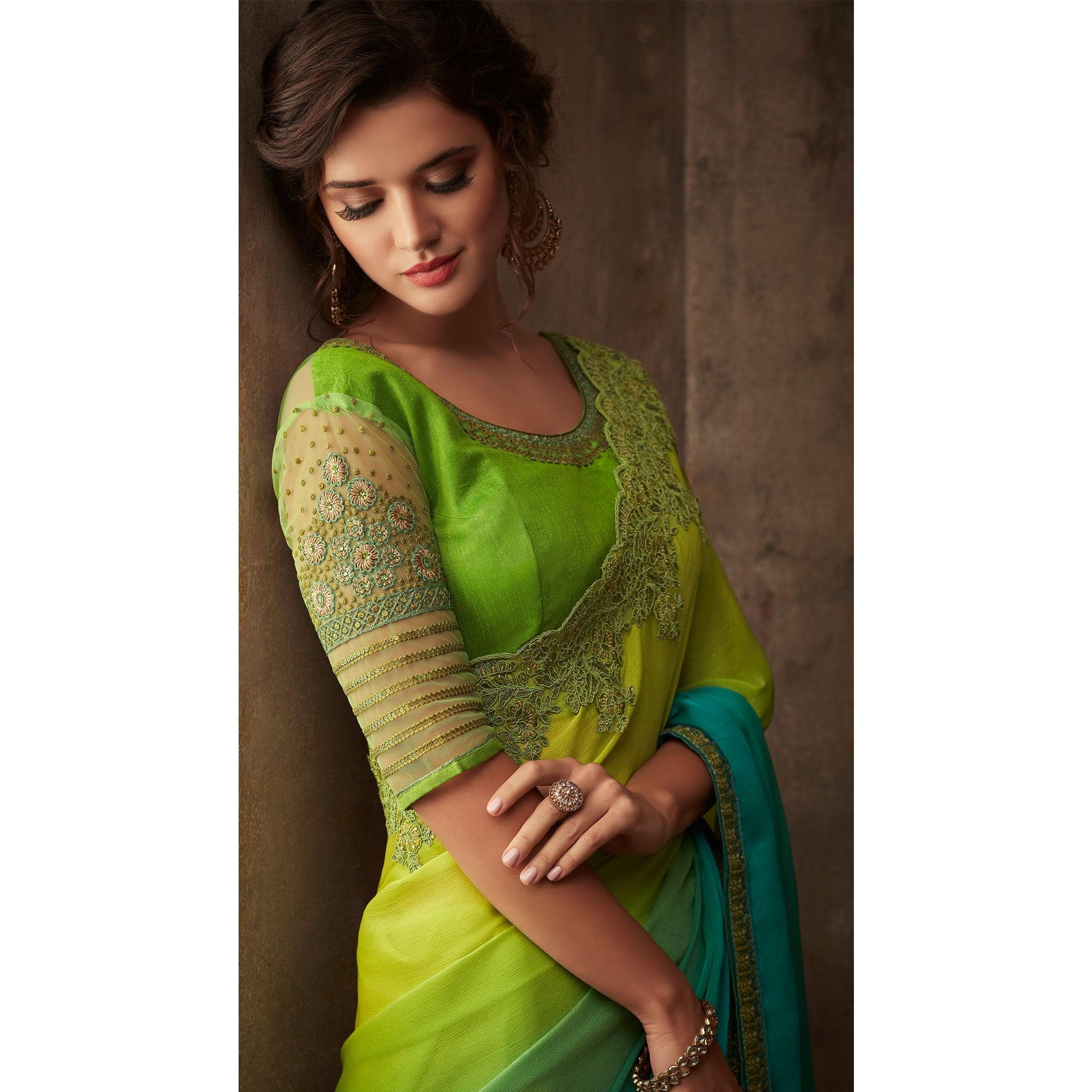 Green & Blue Floral Sequence Embroidered Chiffon Saree - Peachmode