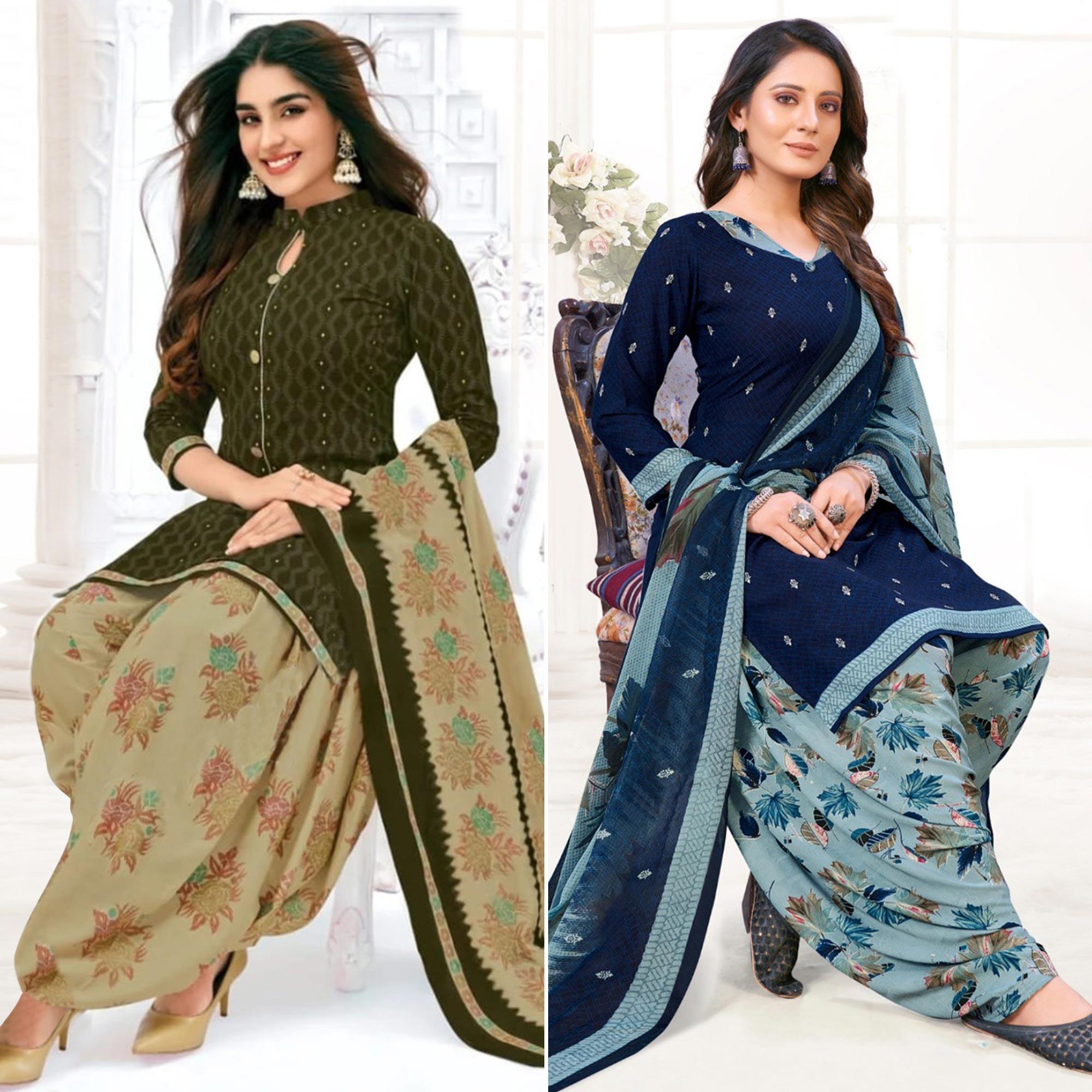 Green And Blue Patiala Dress Material Pack Of 2 - Peachmode