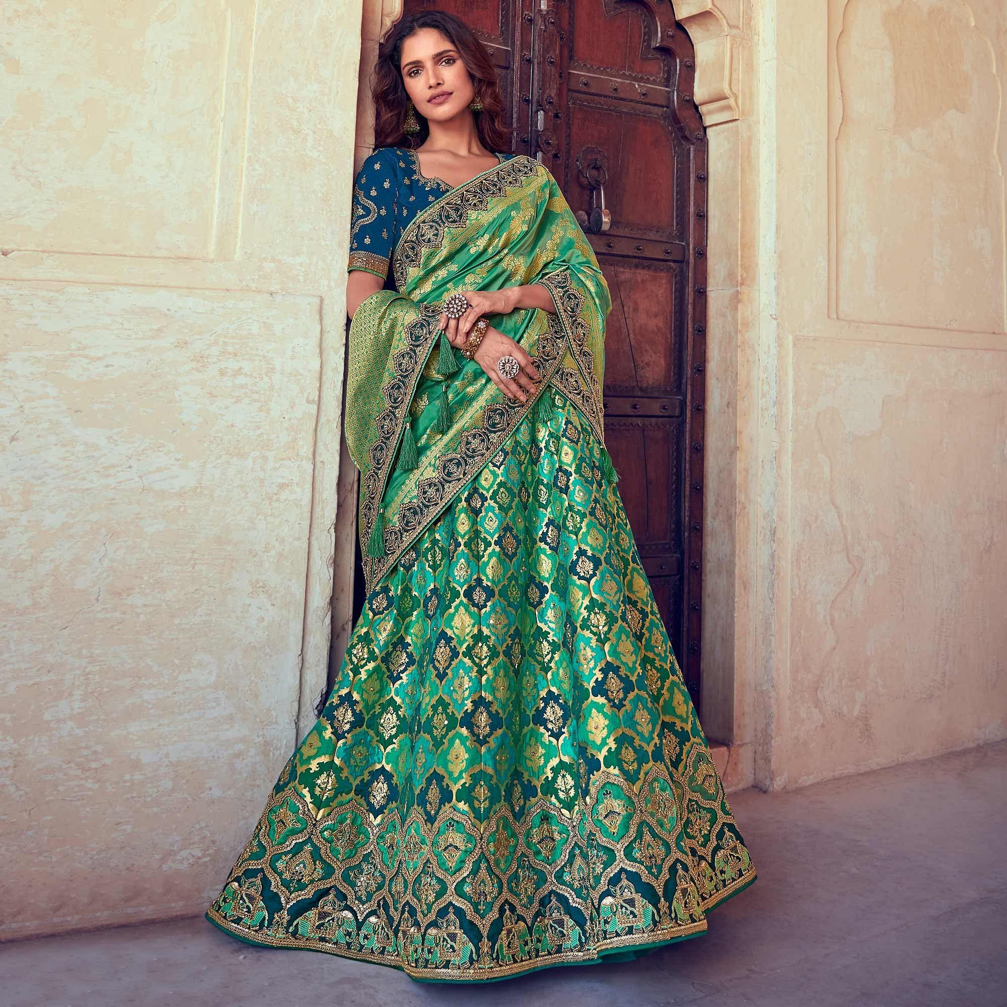 Green & Blue Wedding Wear Woven & Embroidered Silk Lehenga Choli - Peachmode