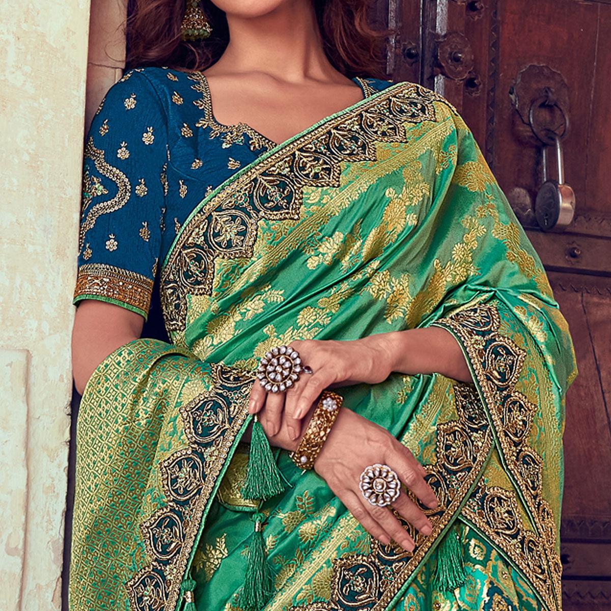 Green & Blue Wedding Wear Woven & Embroidered Silk Lehenga Choli - Peachmode