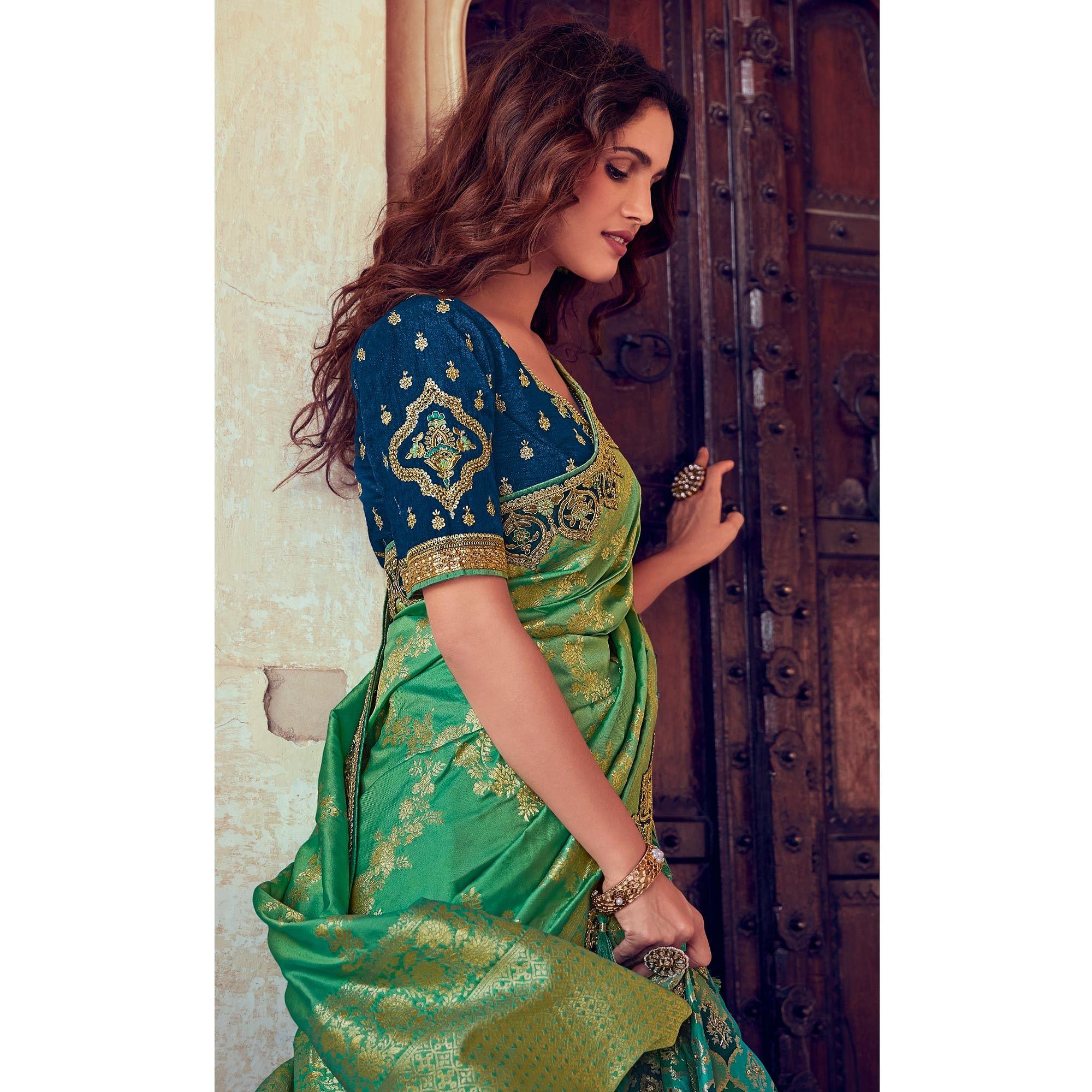 Green & Blue Wedding Wear Woven & Embroidered Silk Lehenga Choli - Peachmode