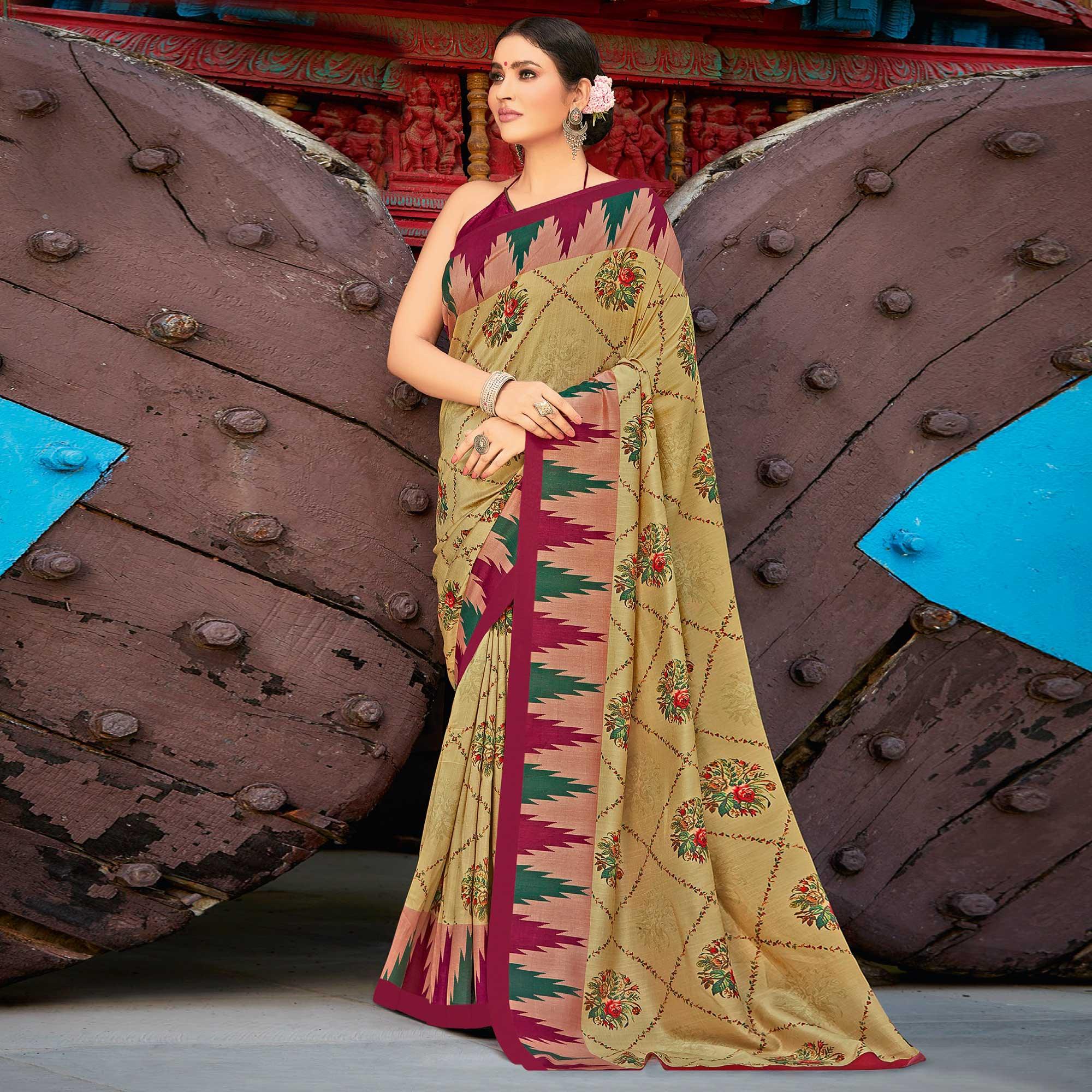 Green & Dark Pink Casual Wear Printed Silk Saree - Peachmode