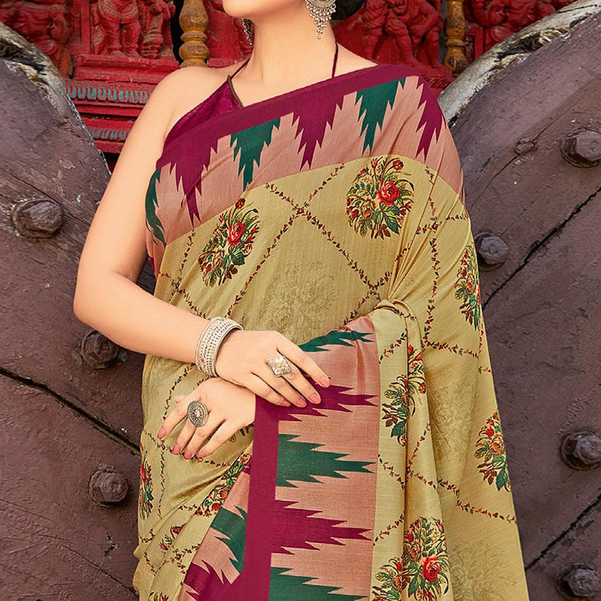 Green & Dark Pink Casual Wear Printed Silk Saree - Peachmode