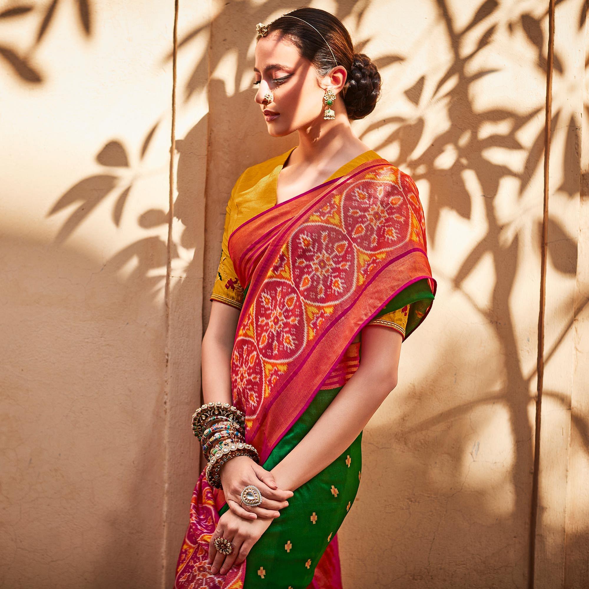 Green & Fuchsia Festive Wear Printed Silk Saree - Peachmode