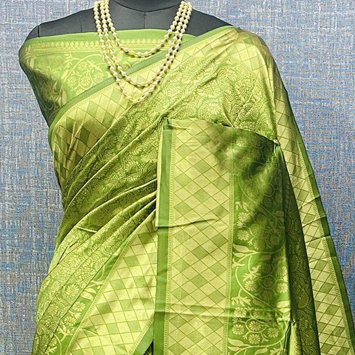 Green & Golden Woven Banarasi Silk Saree - Peachmode