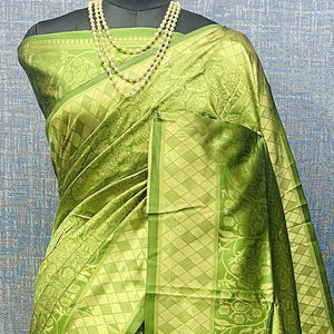 Green & Golden Woven Banarasi Silk Saree - Peachmode