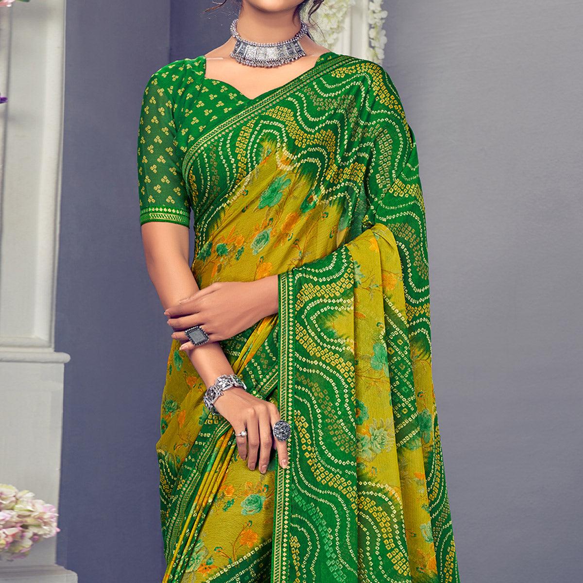 Green & Mustard Bandhani Printed Chiffon Saree With Tassels - Peachmode