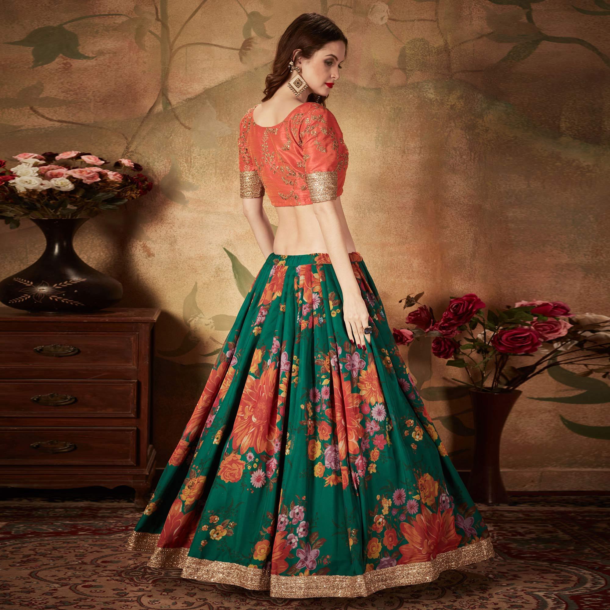 Green & Orange Partywear Floral Print With Sequins Embroidery Organza Lehenga Choli - Peachmode
