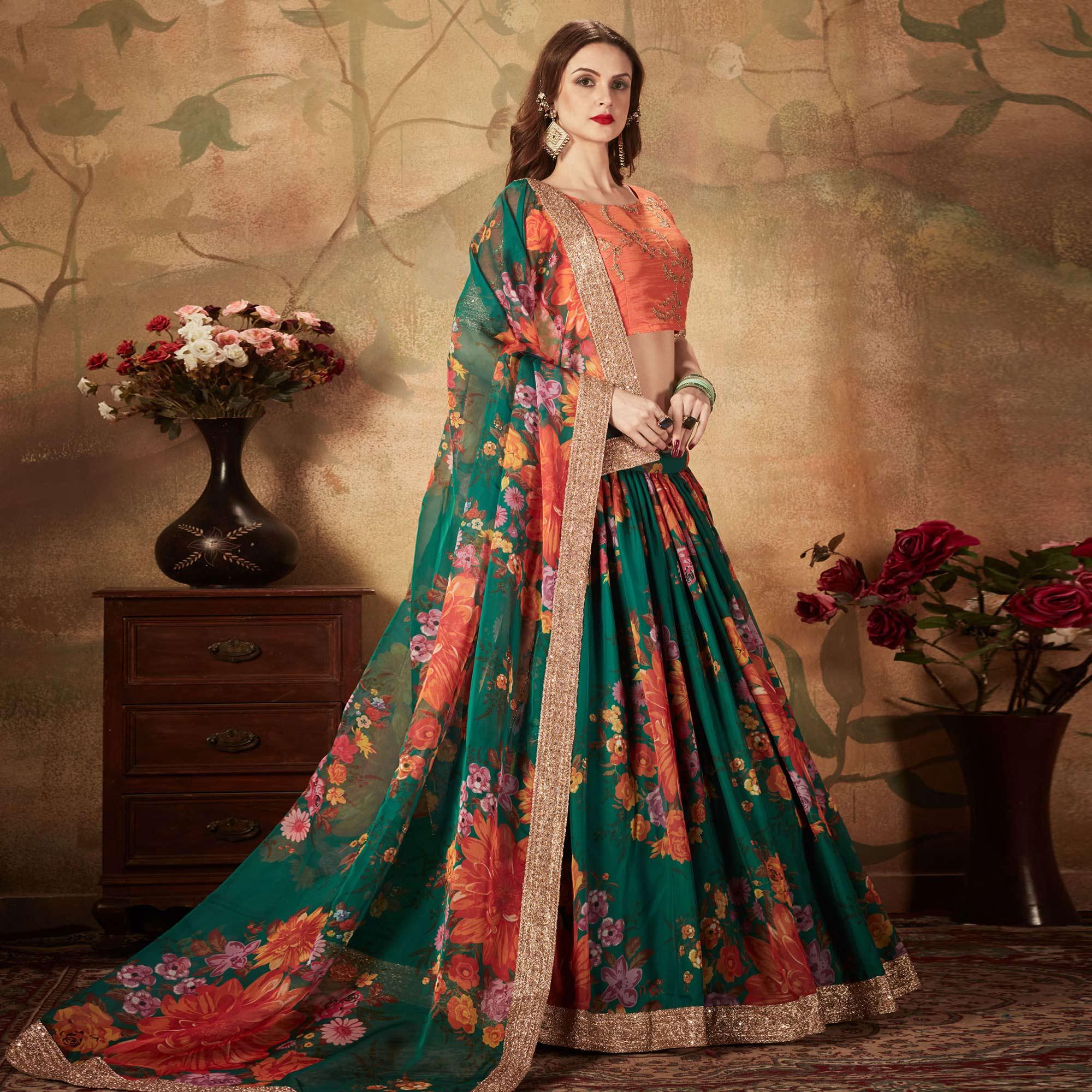 Green & Orange Partywear Floral Print With Sequins Embroidery Organza Lehenga Choli - Peachmode