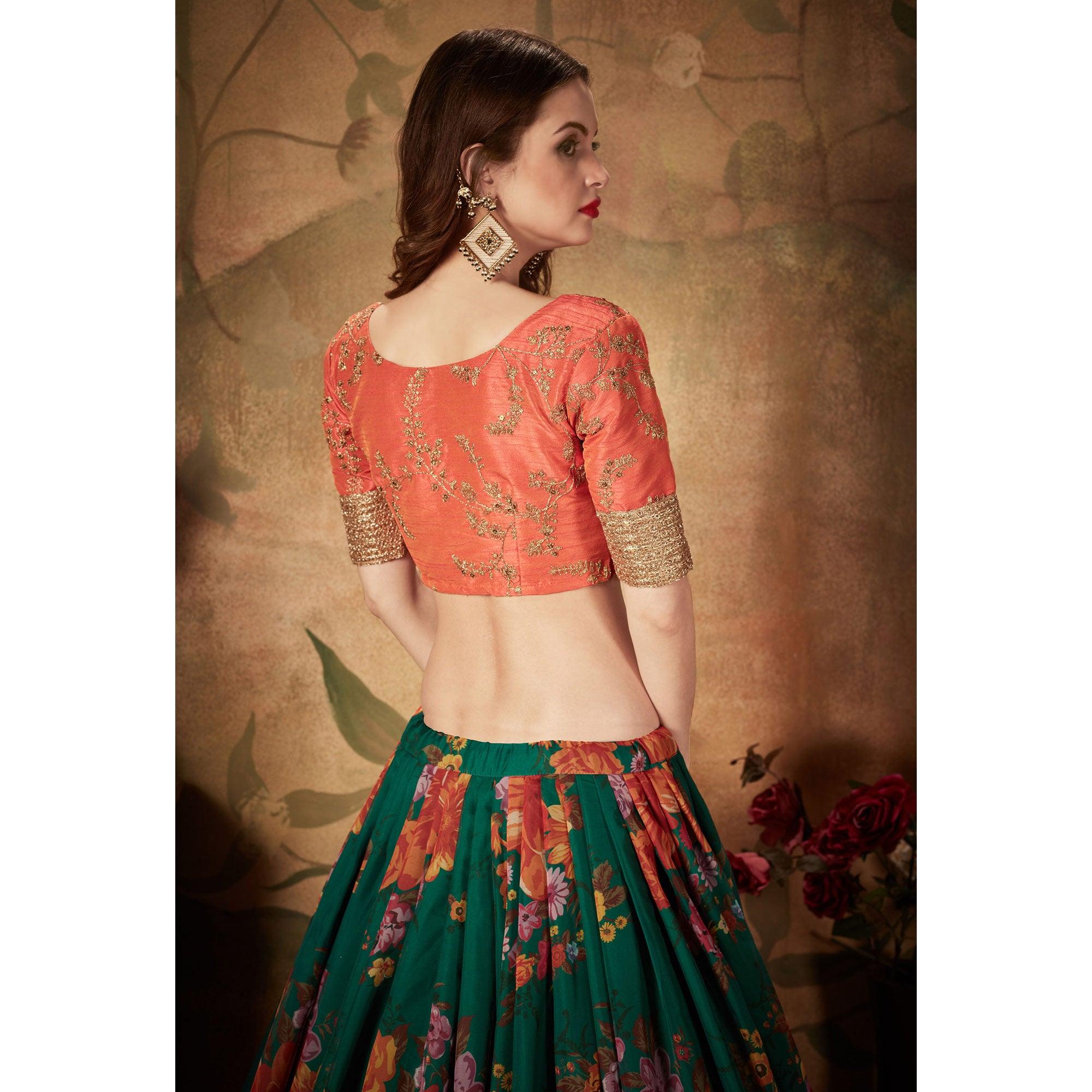 Green & Orange Partywear Floral Print With Sequins Embroidery Organza Lehenga Choli - Peachmode