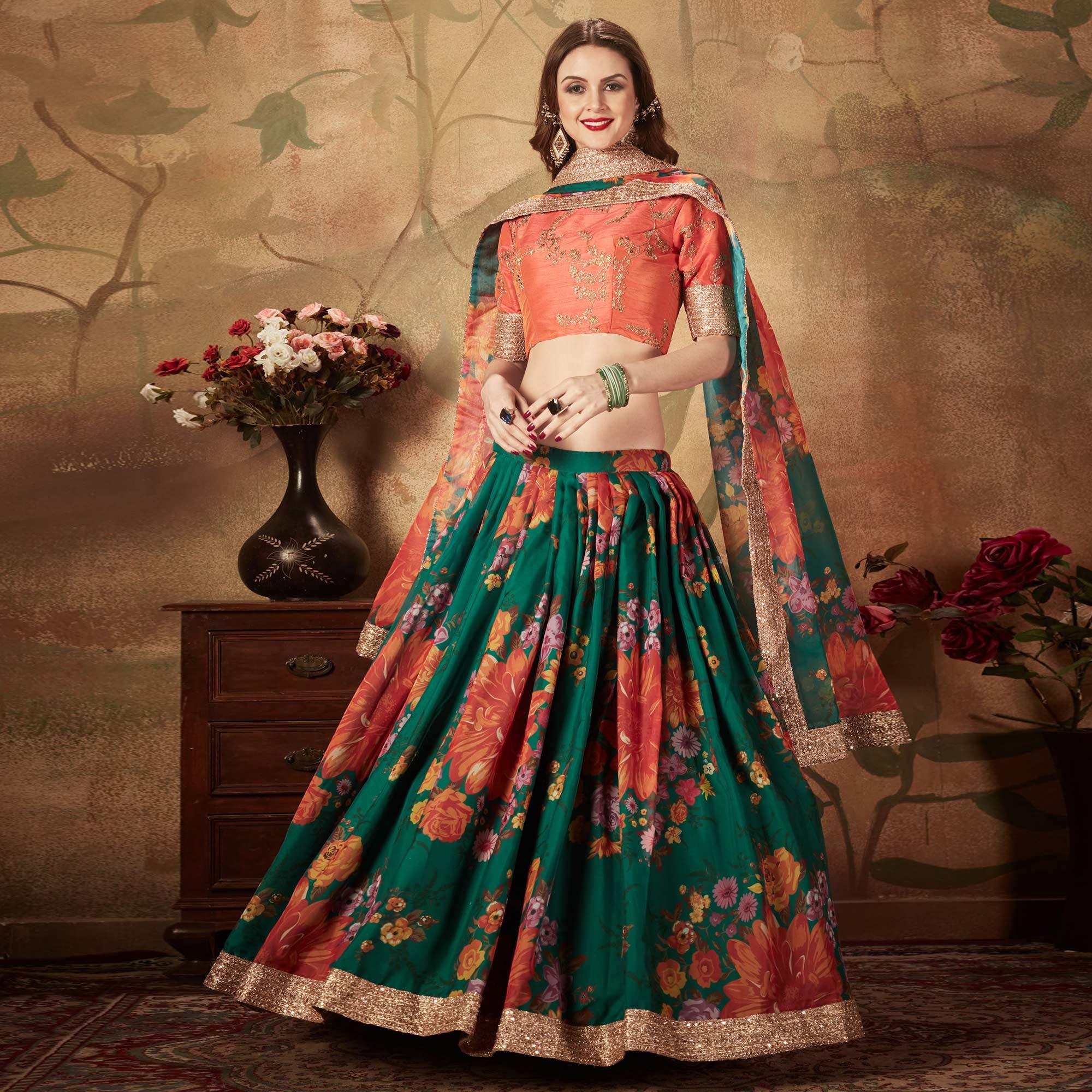 Green & Orange Partywear Floral Print With Sequins Embroidery Organza Lehenga Choli - Peachmode
