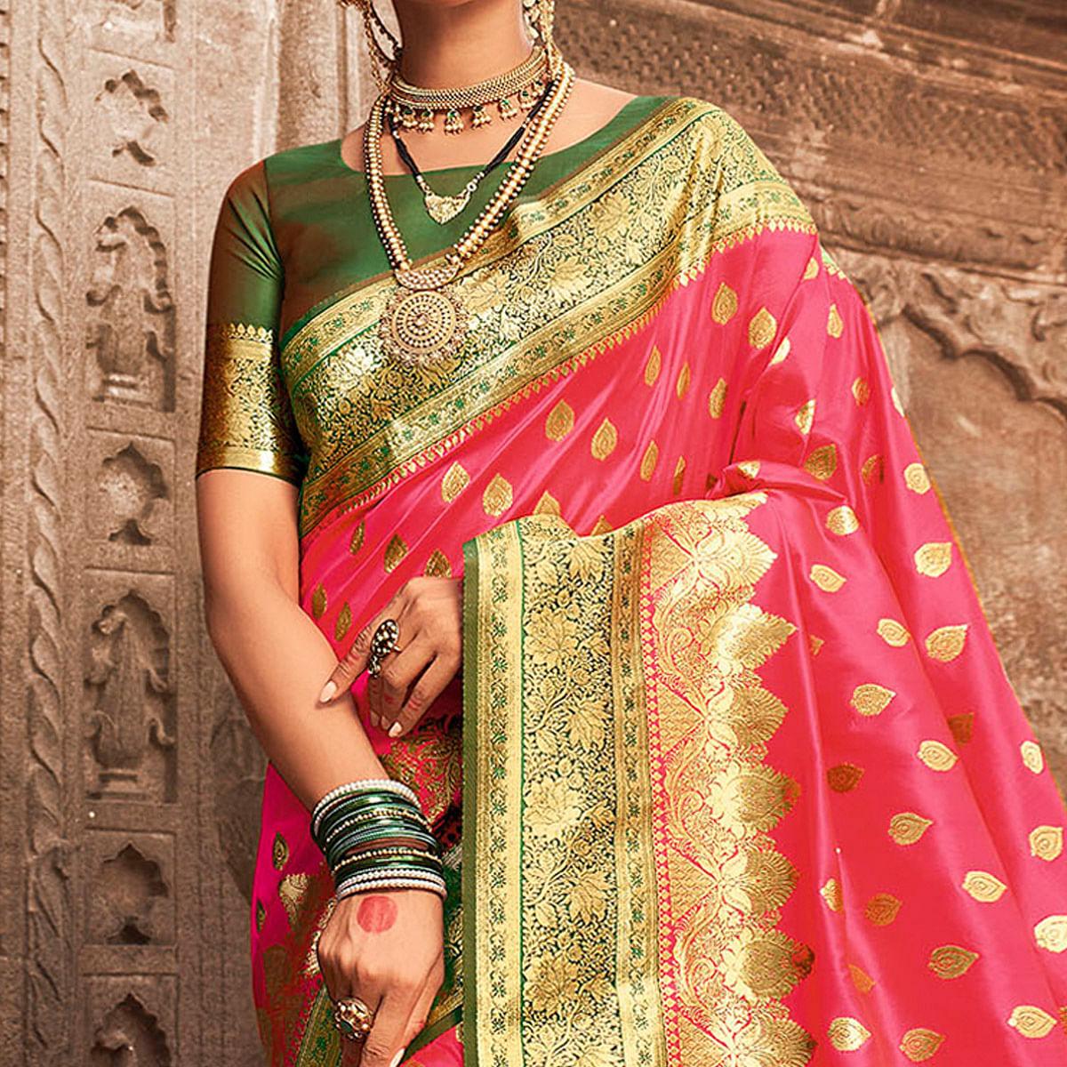 Green & Pink Festive Wear Woven Banarasi Silk Saree With Zari Border Pallu - Peachmode
