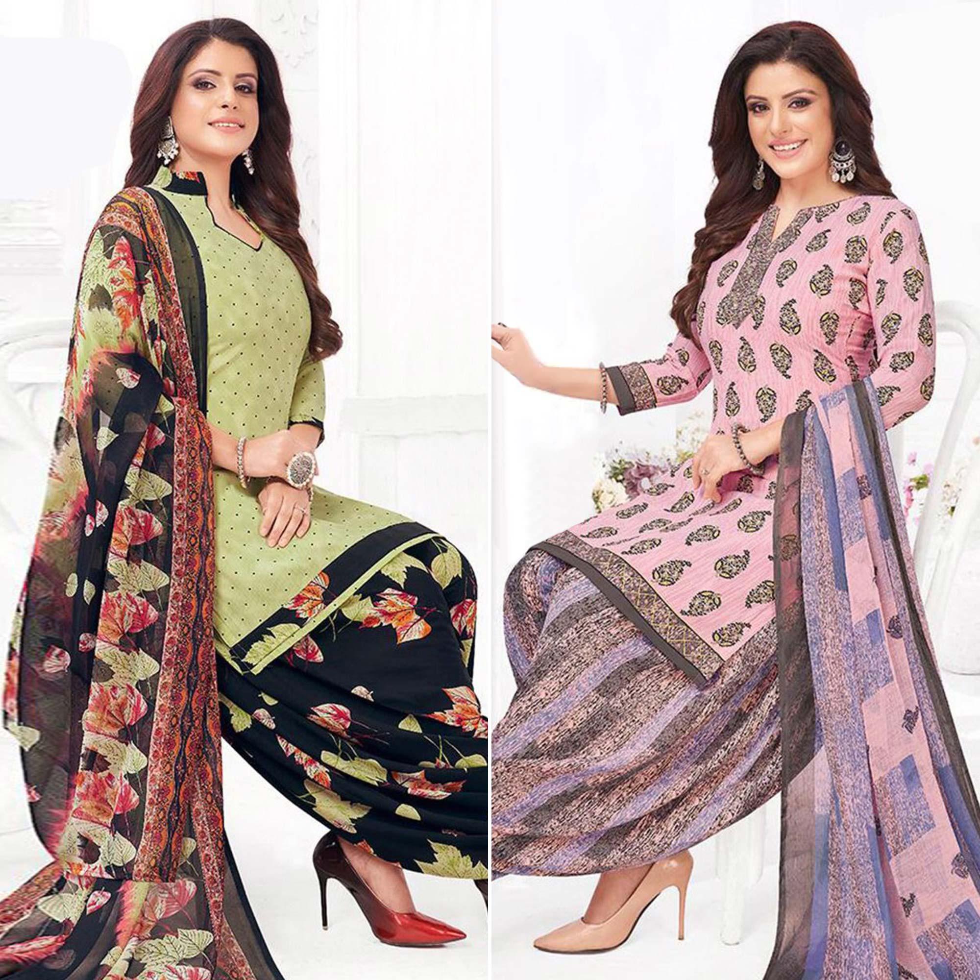 Green And Pink Patiala Crepe Dress Material Pack Of 2 - Peachmode