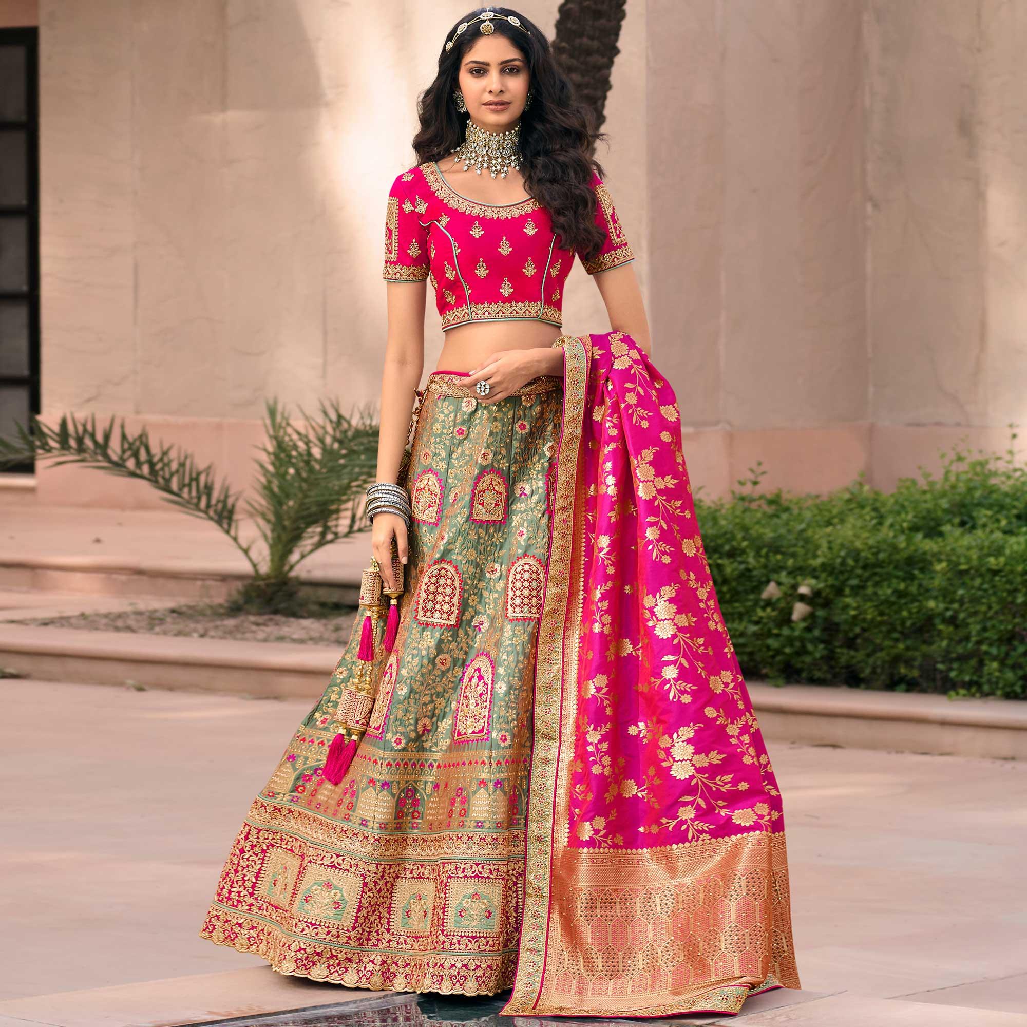 Green & Pink Wedding Wear Floral Embroidered With Woven Banarasi Silk Lehenga Choli - Peachmode