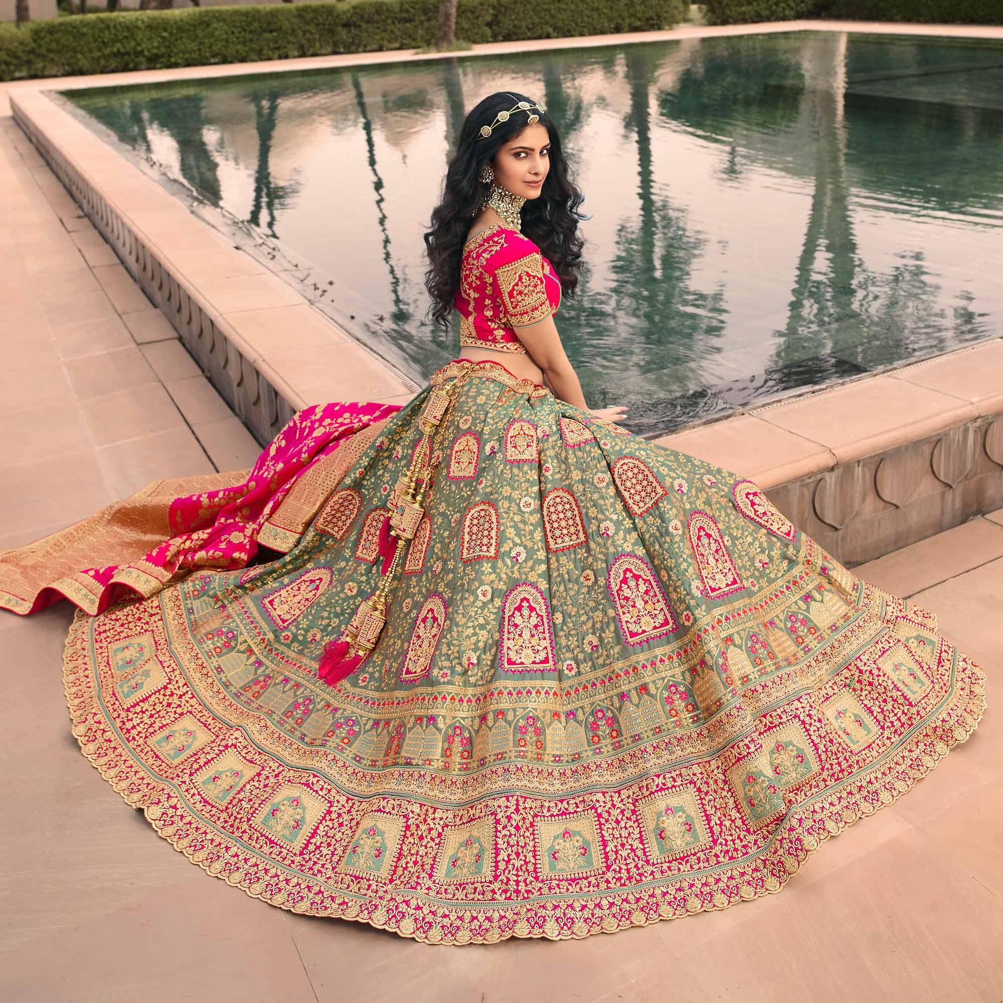 Green & Pink Wedding Wear Floral Embroidered With Woven Banarasi Silk Lehenga Choli - Peachmode