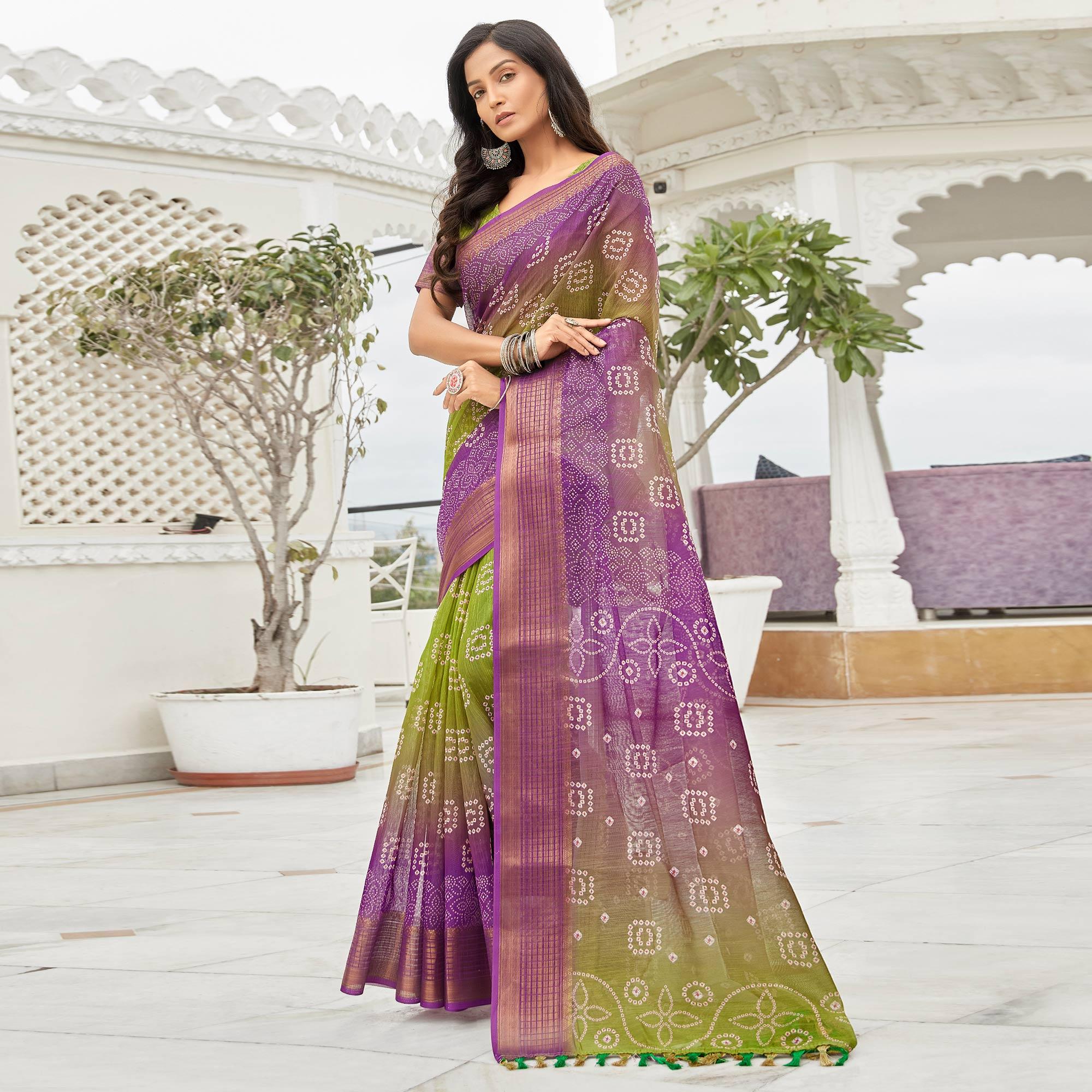 Green & Purple Casual Wear Printed Soft Linen Saree - Peachmode