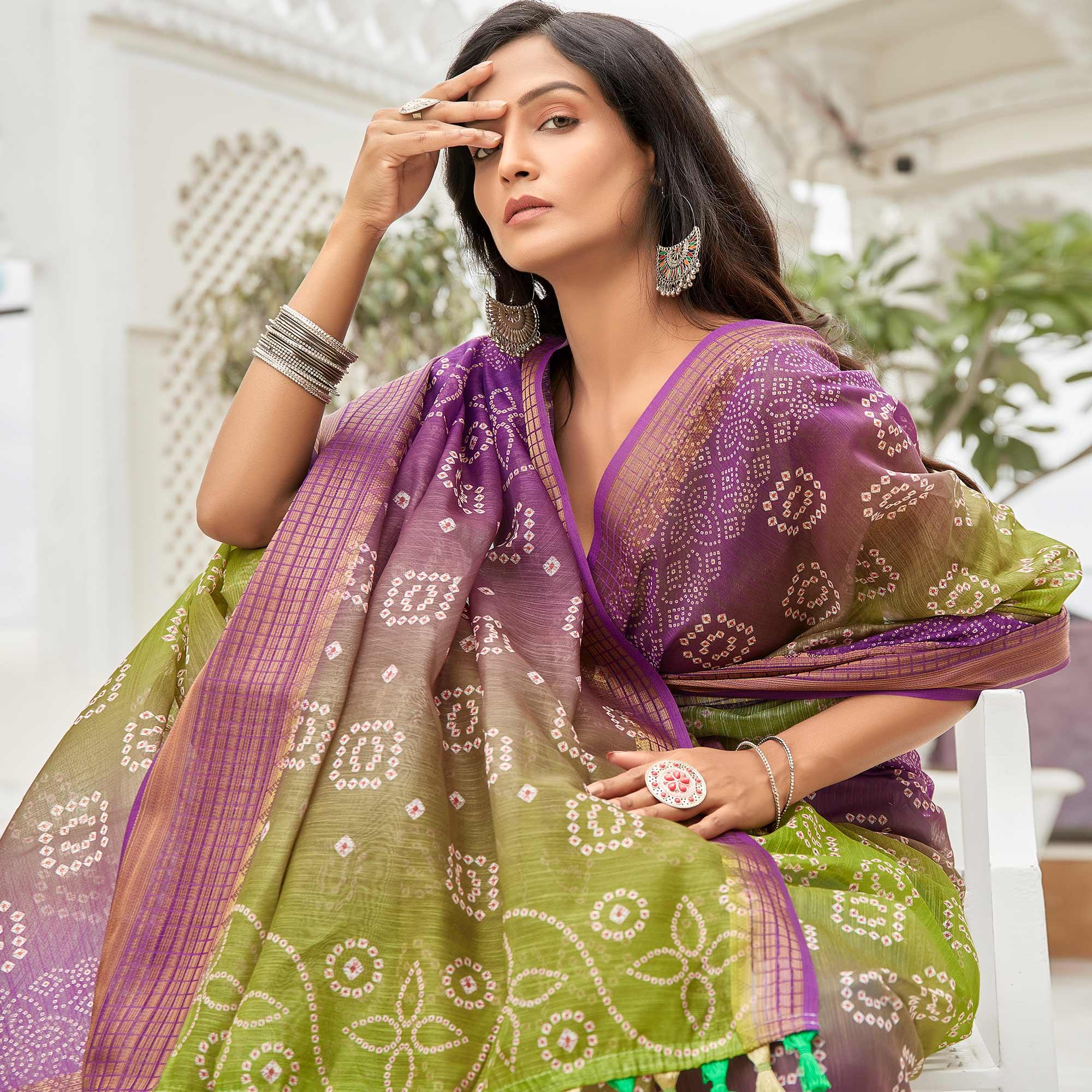 Green & Purple Casual Wear Printed Soft Linen Saree - Peachmode