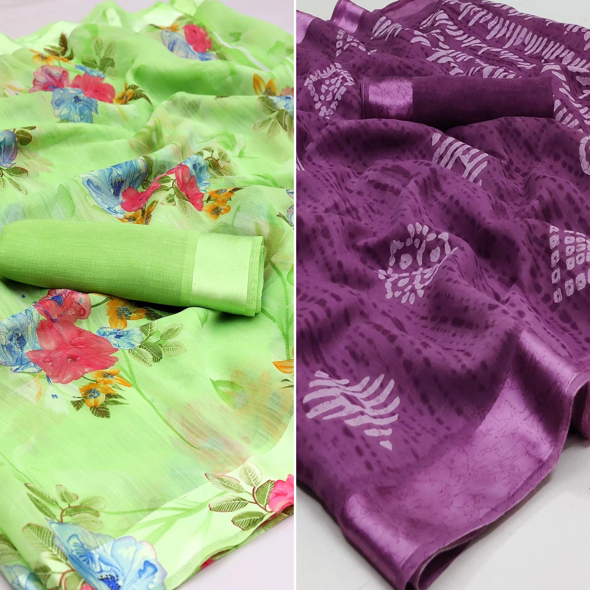 Green And Purple Saree - Pack Of 2 - Peachmode