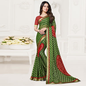 Green  & Red Festive Wear Checks Printed Chiffon Brasso Saree - Peachmode