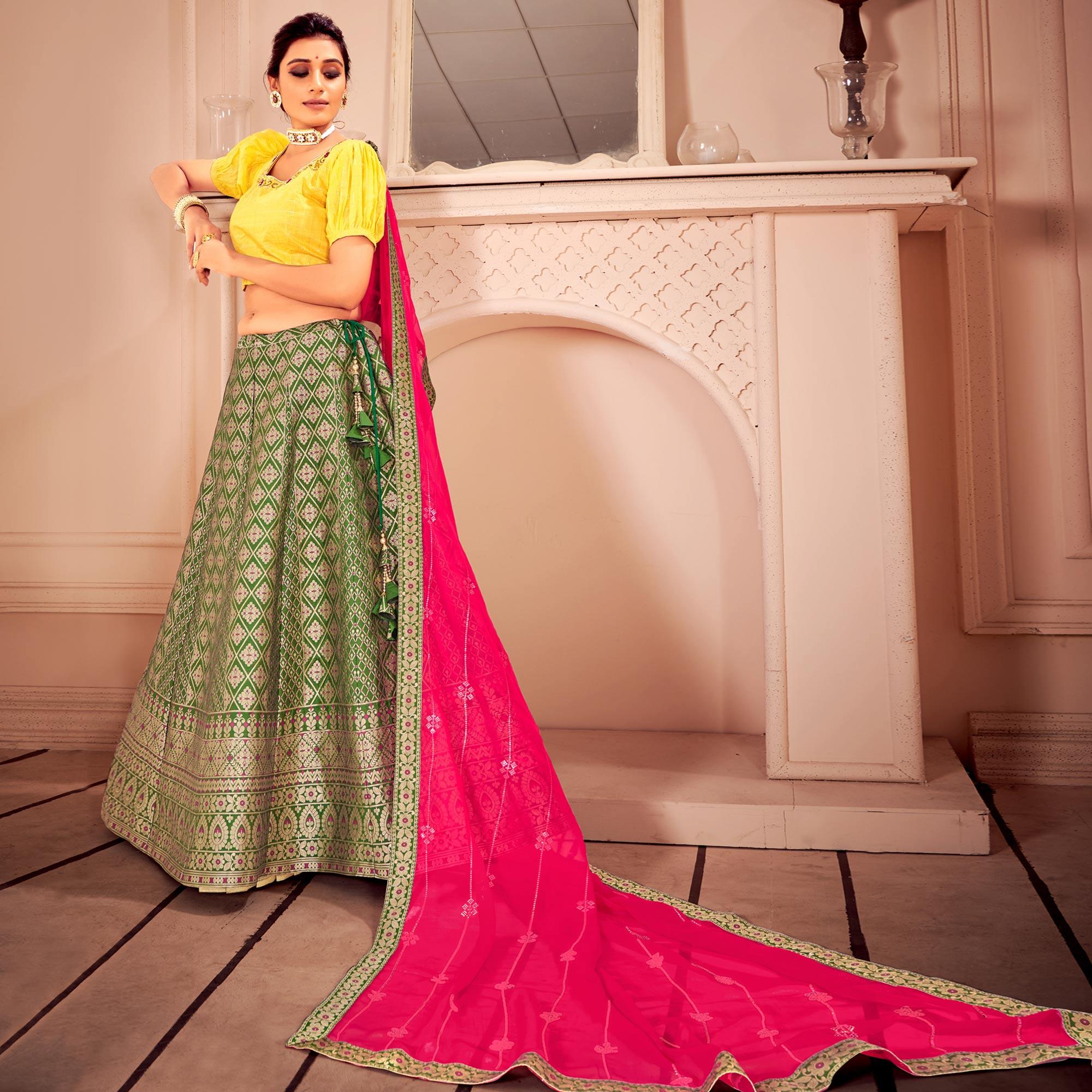 Green & Yellow Partywear Floral Embroidery With Woven Silk Lehenga Choli - Peachmode