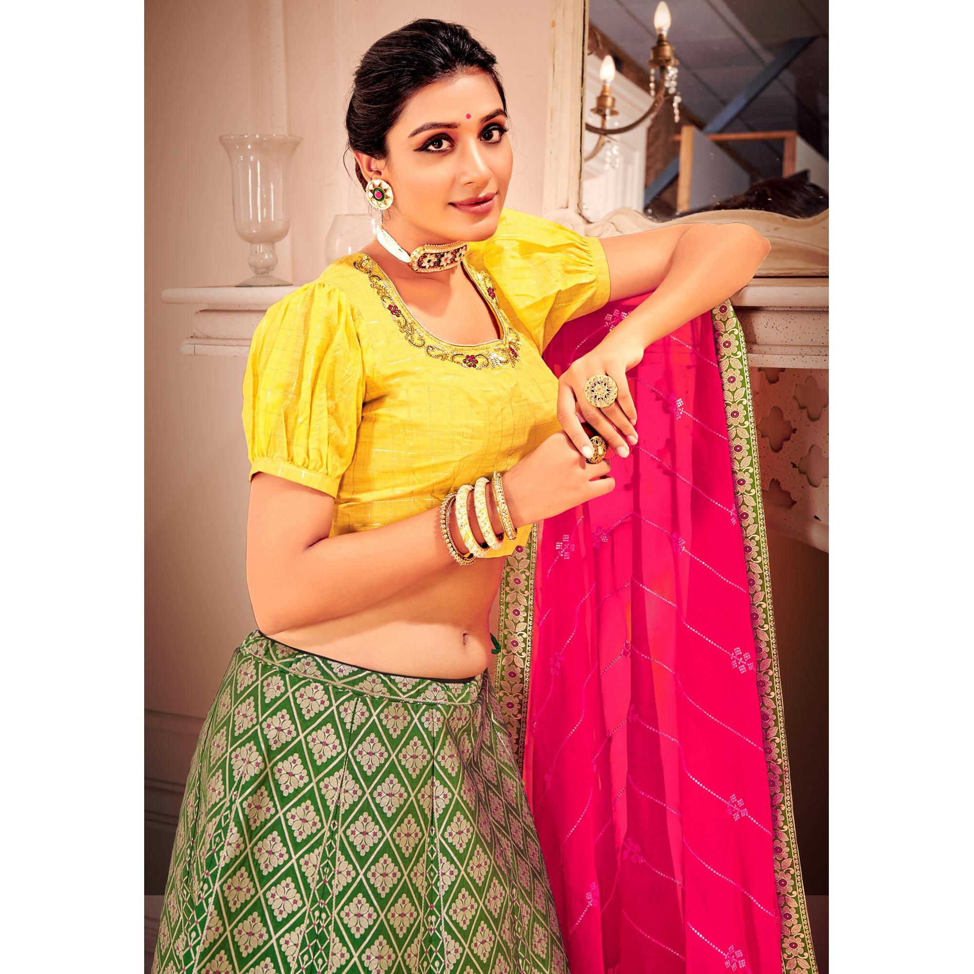 Green & Yellow Partywear Floral Embroidery With Woven Silk Lehenga Choli - Peachmode