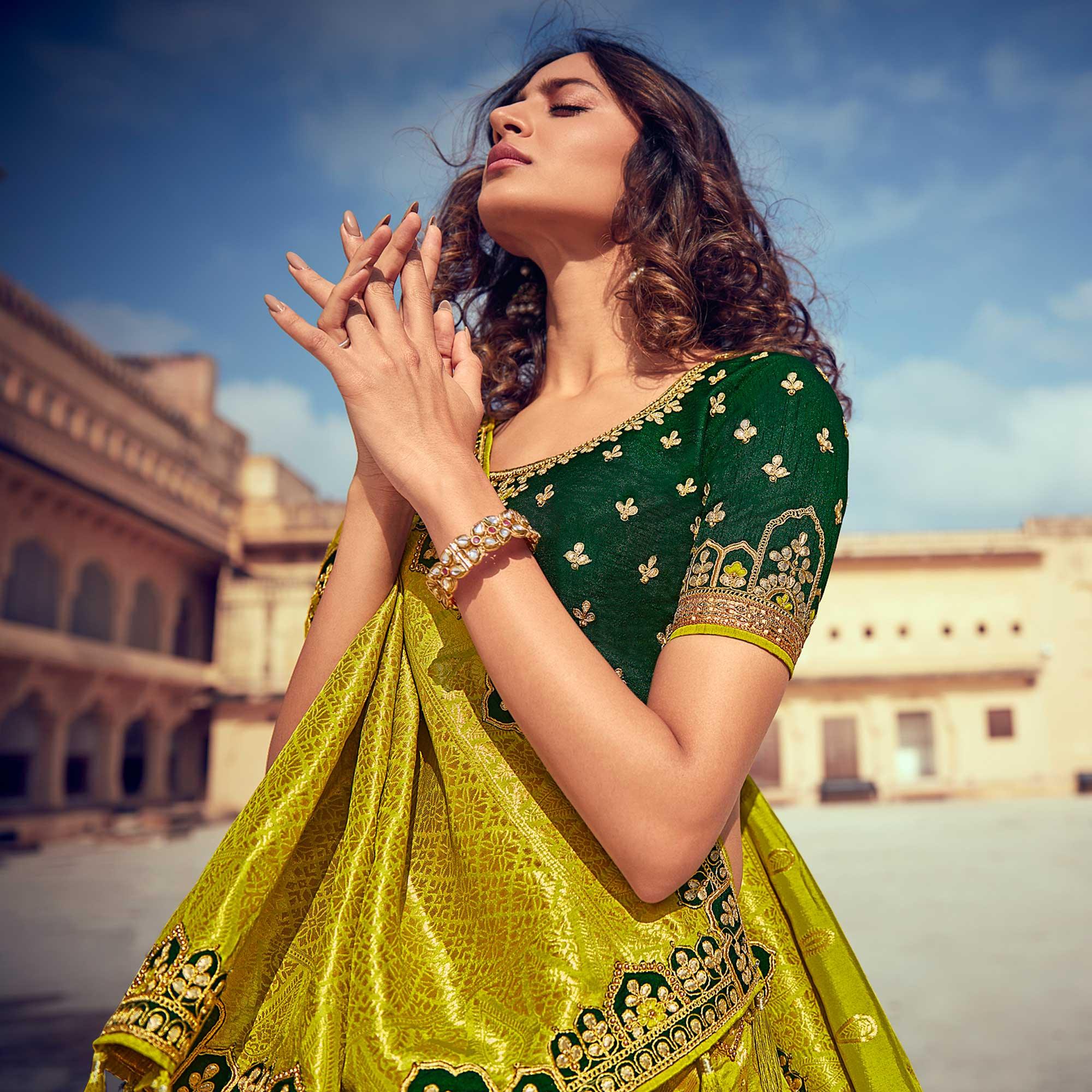 Green & Yellow Wedding Wear Woven & Embroidered Silk Lehenga Choli - Peachmode