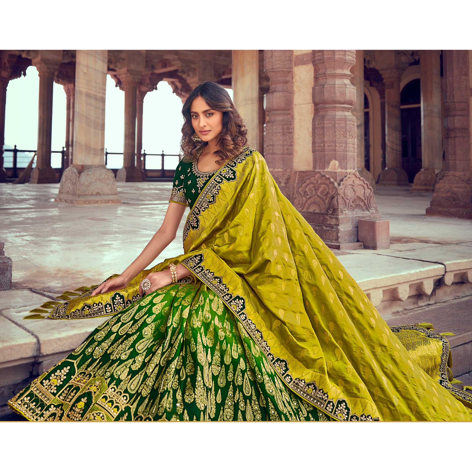 Green & Yellow Wedding Wear Woven & Embroidered Silk Lehenga Choli - Peachmode