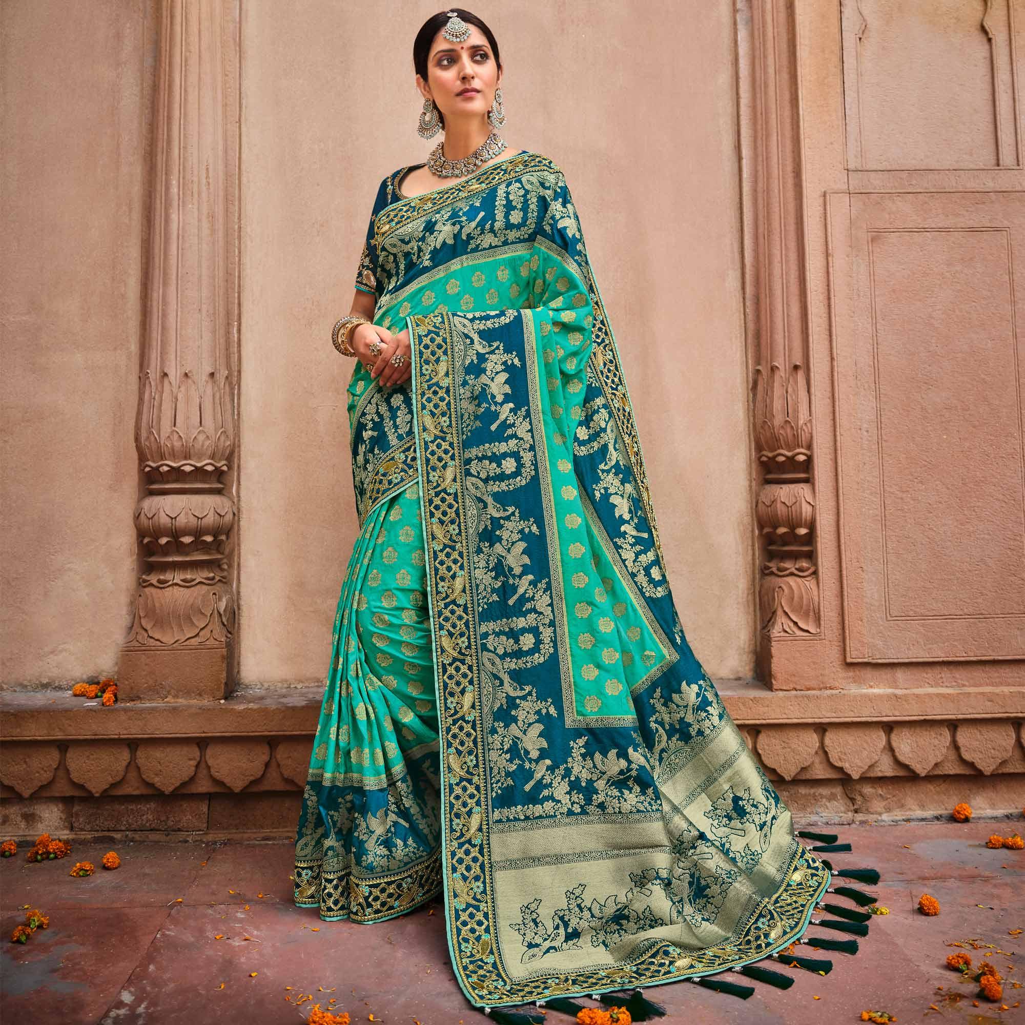 Green-Aqua Blue Festive Wear Woven With Zari & Diamond Work Banarasi Silk Saree - Peachmode