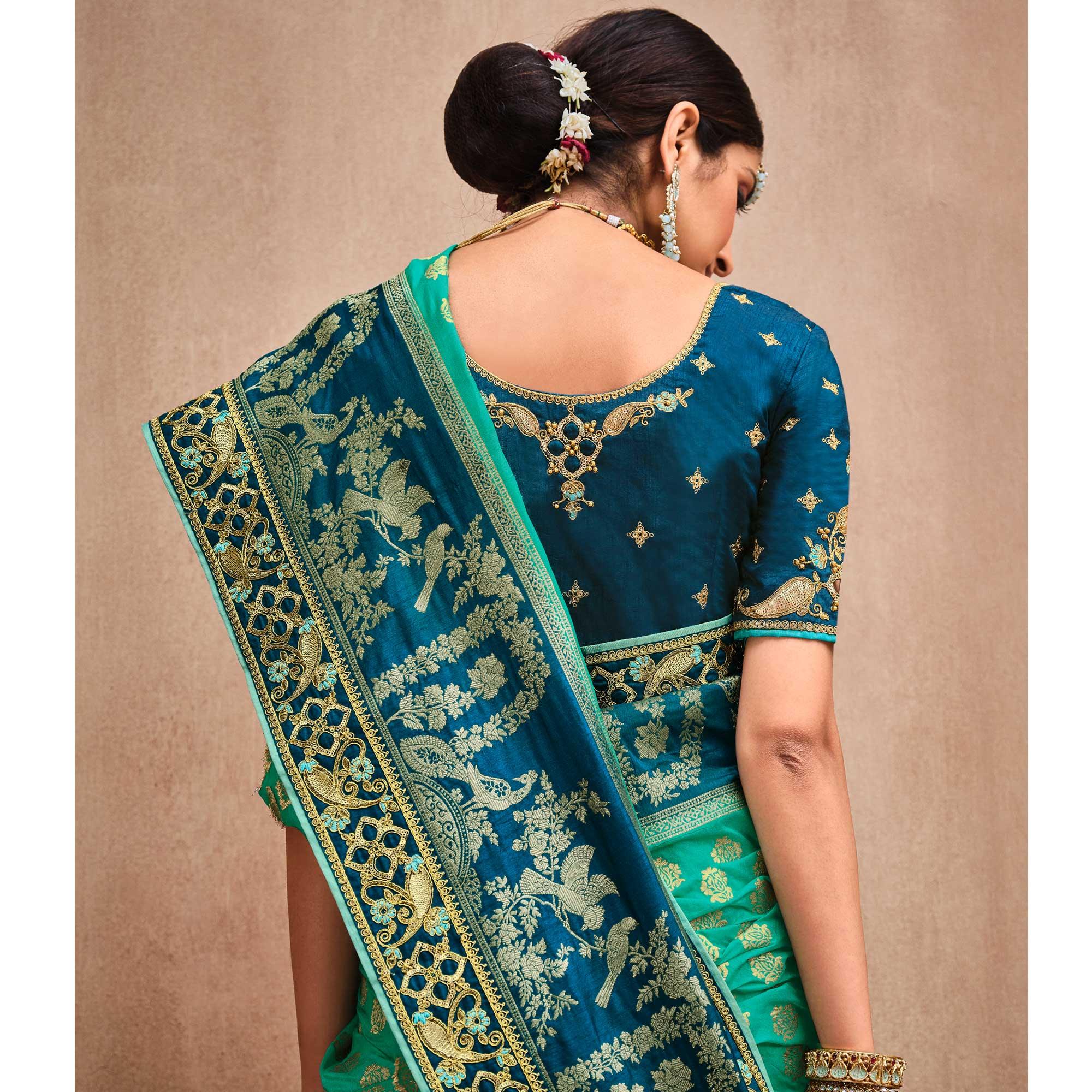 Green-Aqua Blue Festive Wear Woven With Zari & Diamond Work Banarasi Silk Saree - Peachmode