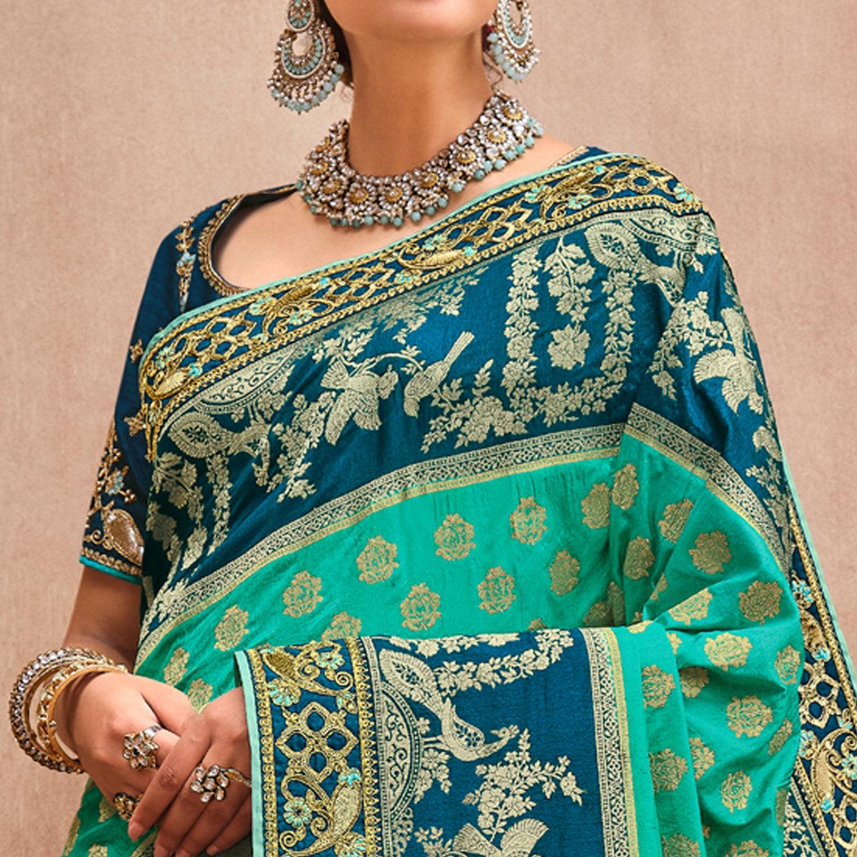 Green-Aqua Blue Festive Wear Woven With Zari & Diamond Work Banarasi Silk Saree - Peachmode