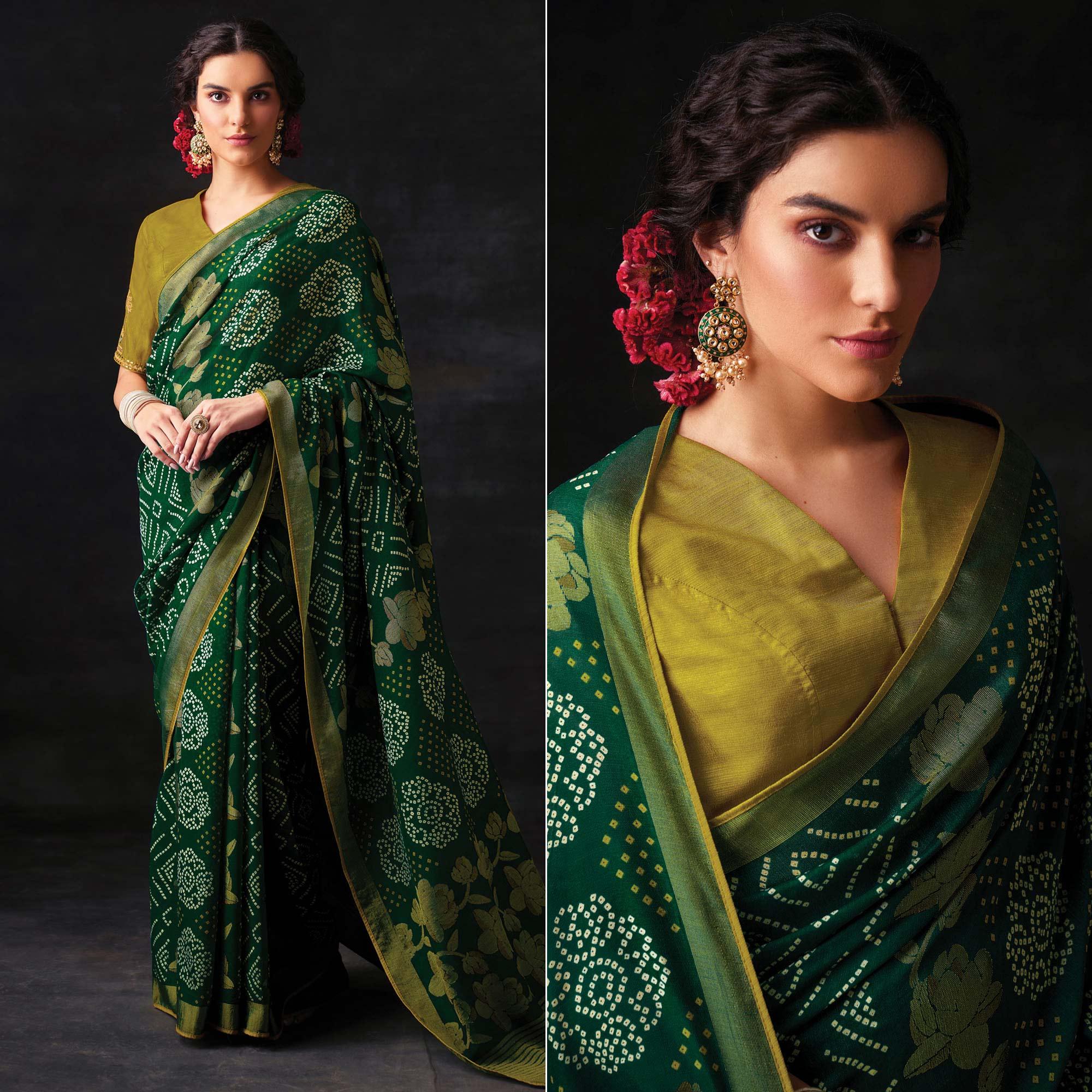 Green Bandhani Printed Brasso Saree - Peachmode