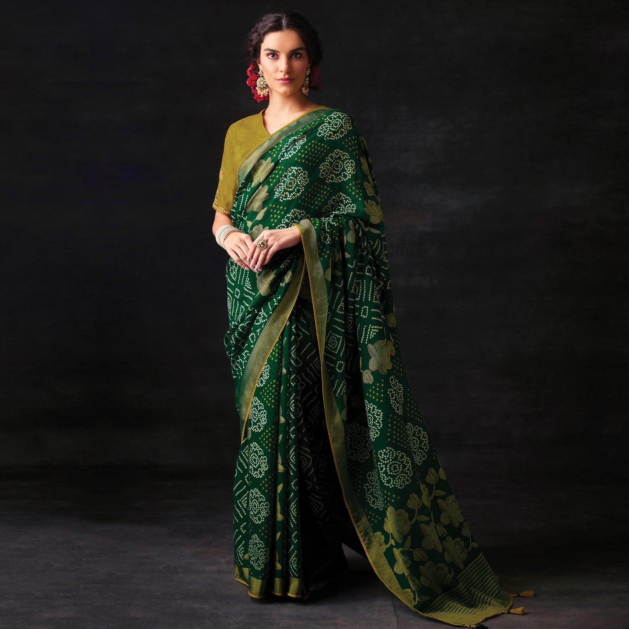 Green Bandhani Printed Brasso Saree - Peachmode