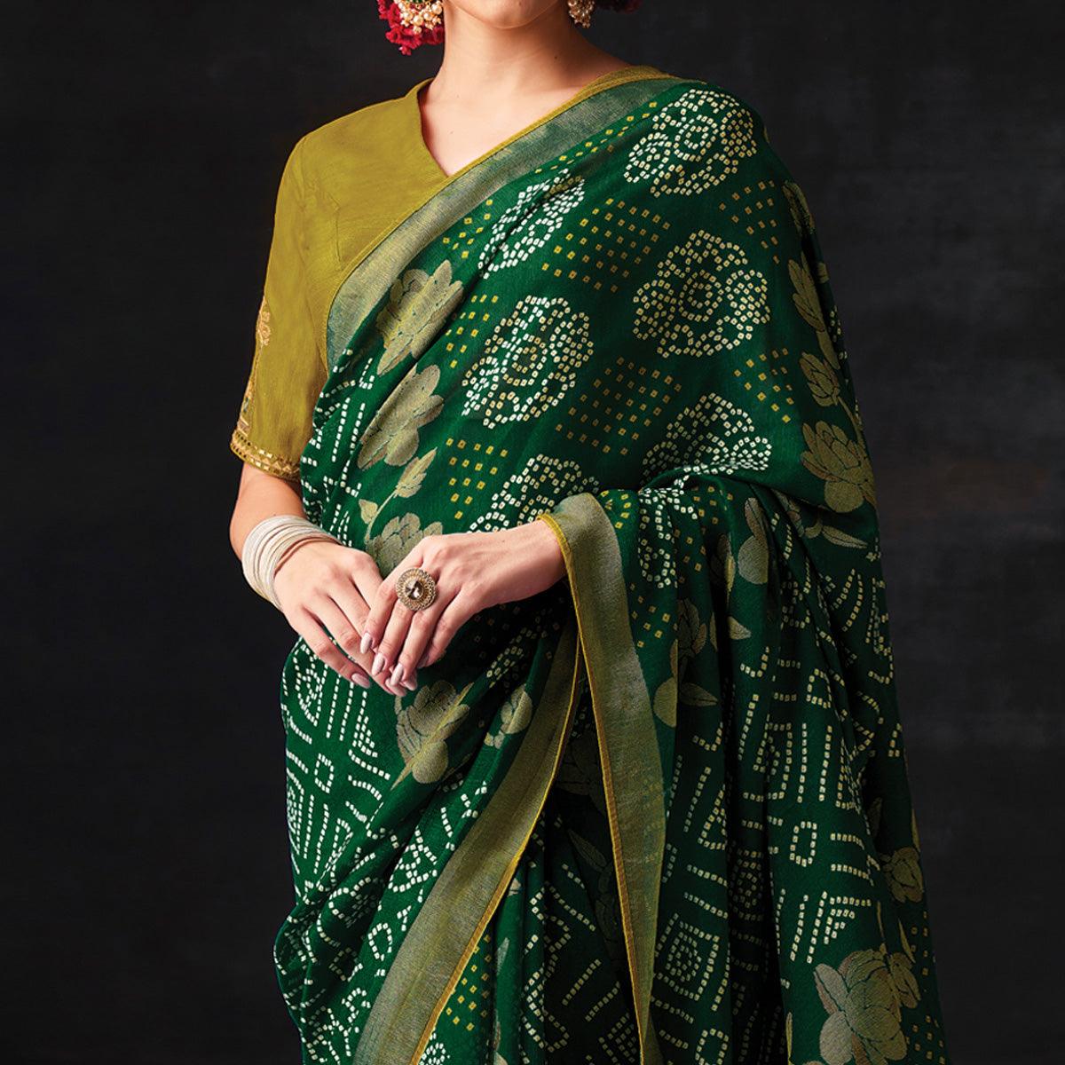 Green Bandhani Printed Brasso Saree - Peachmode