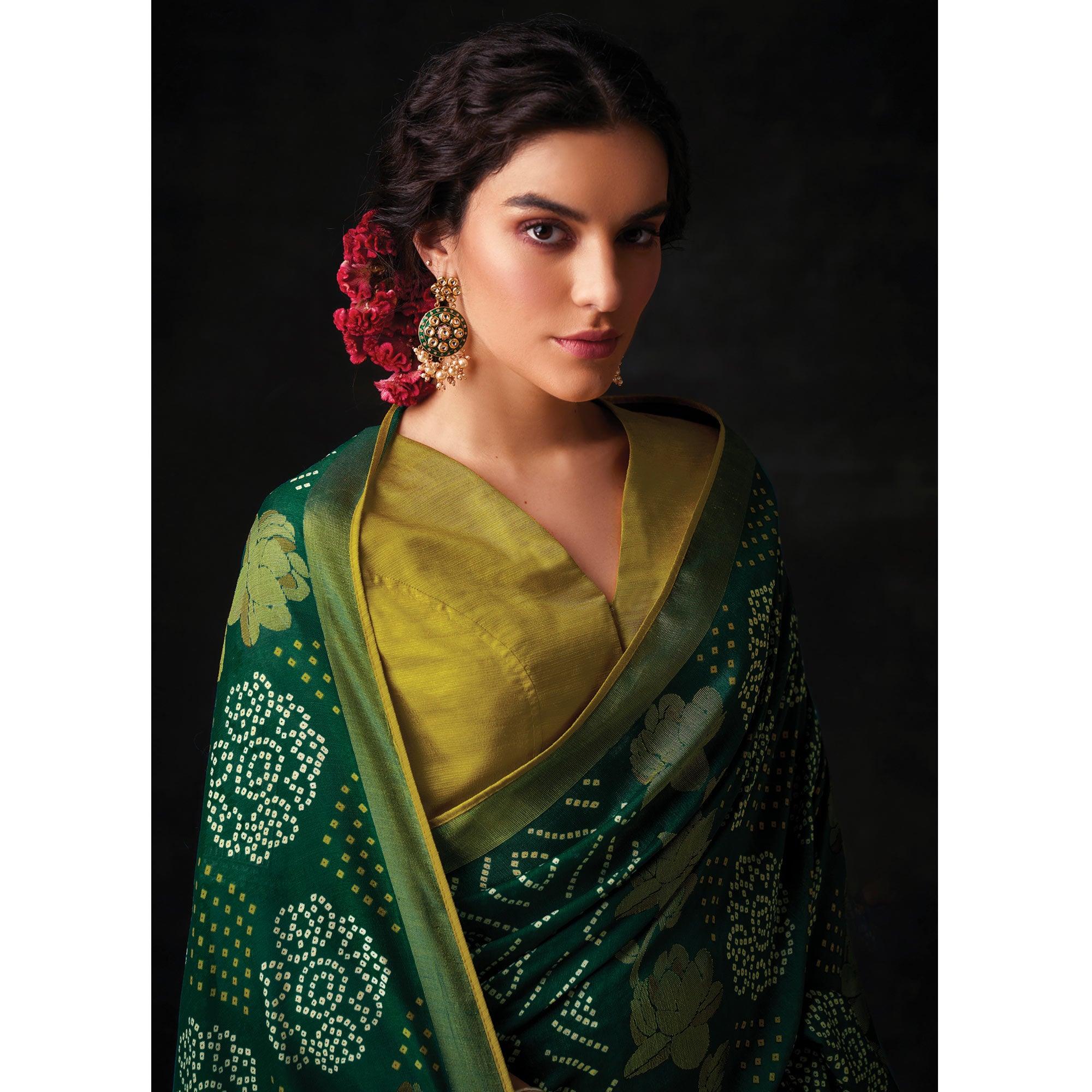 Green Bandhani Printed Brasso Saree - Peachmode