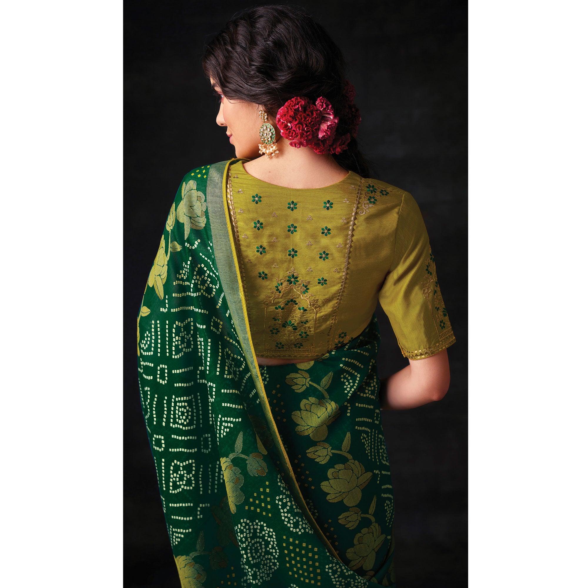 Green Bandhani Printed Brasso Saree - Peachmode