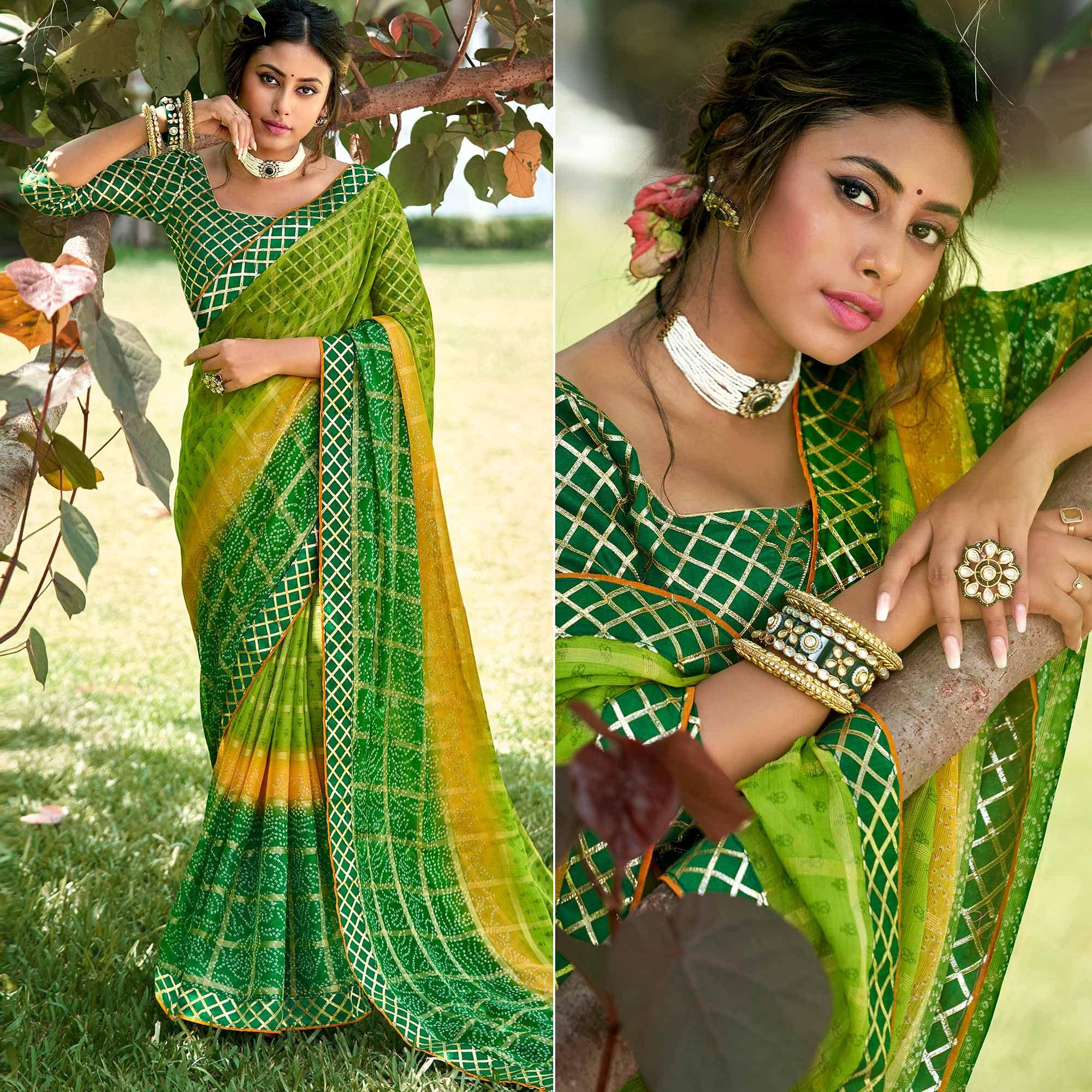 Green Bandhani Printed-Checks Weaving Chiffon Saree - Peachmode