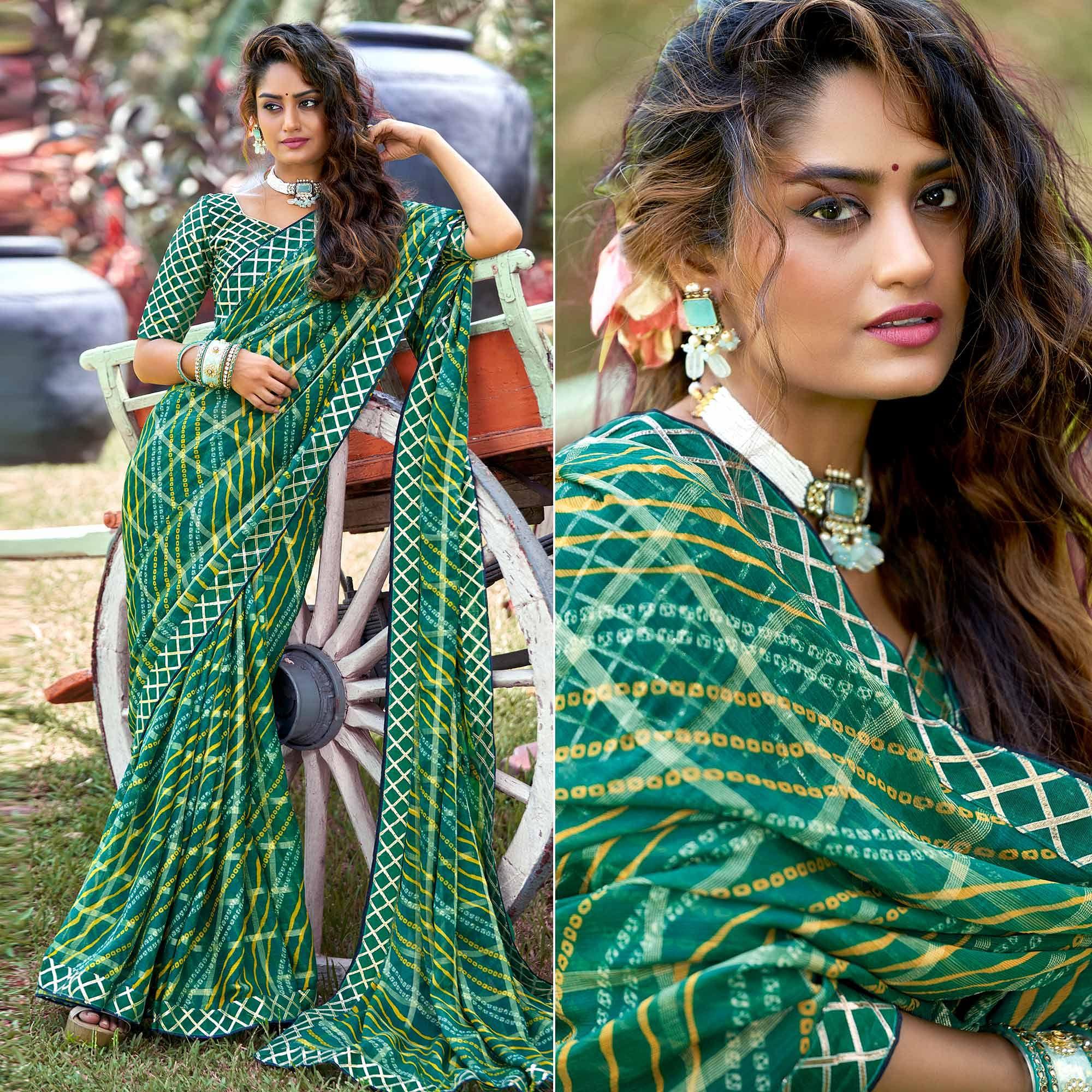 Green Bandhani Printed-Checks Weaving Chiffon Saree - Peachmode