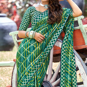 Green Bandhani Printed-Checks Weaving Chiffon Saree - Peachmode