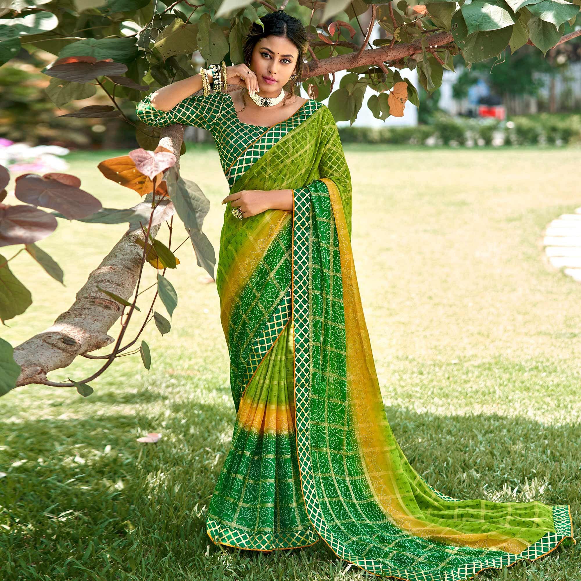 Green Bandhani Printed-Checks Weaving Chiffon Saree - Peachmode