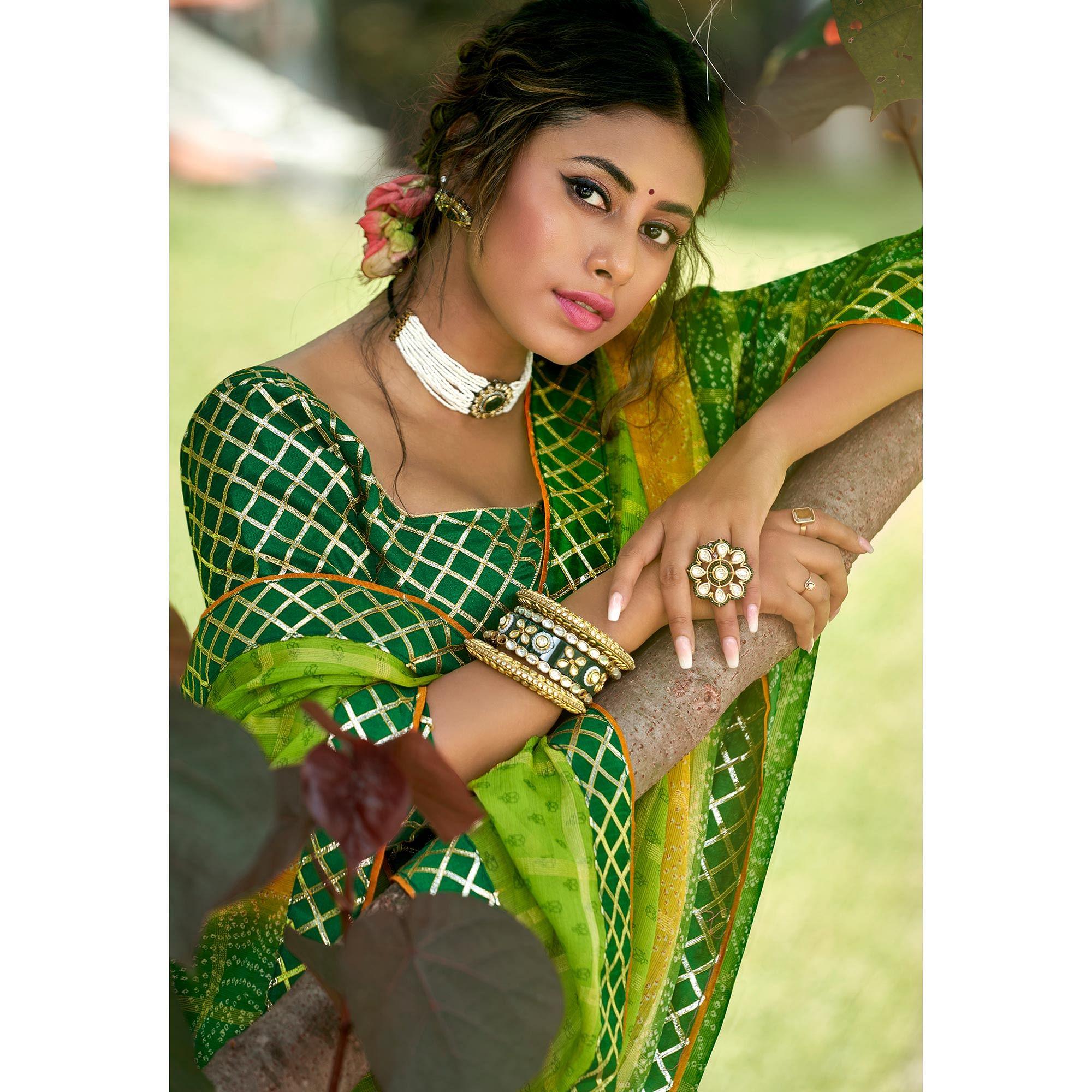 Green Bandhani Printed-Checks Weaving Chiffon Saree - Peachmode