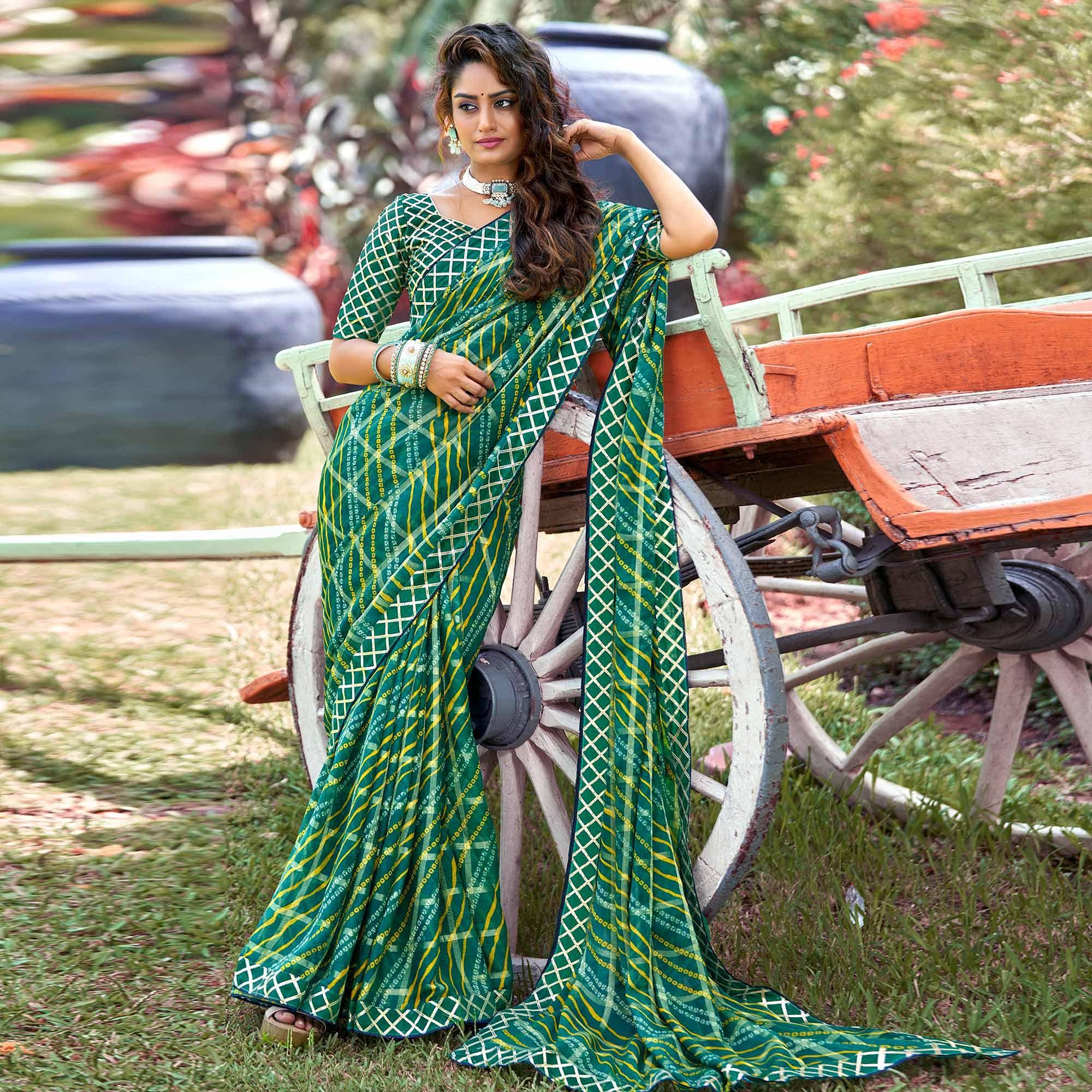 Green Bandhani Printed-Checks Weaving Chiffon Saree - Peachmode