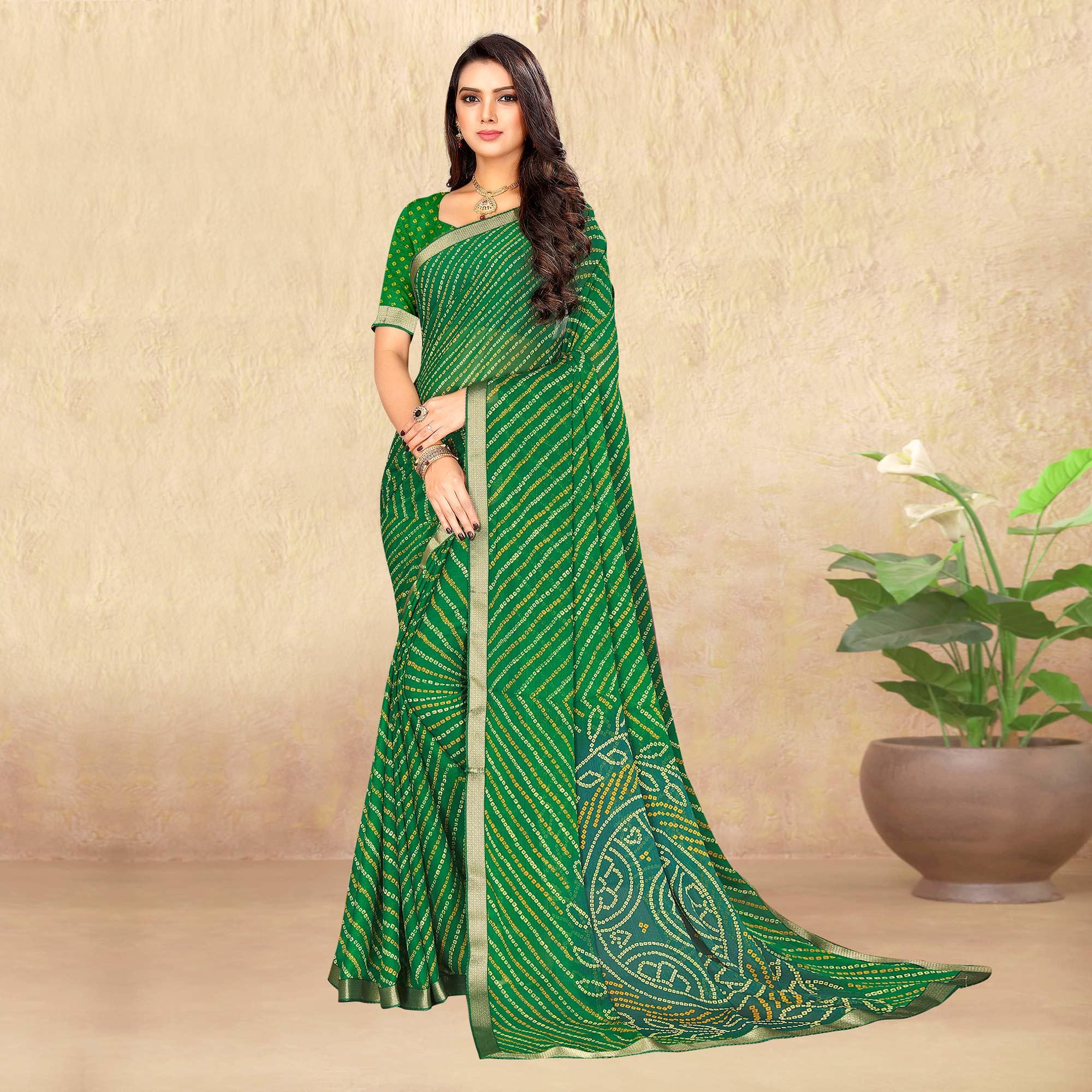 Green Bandhani Printed Chiffon Saree - Peachmode
