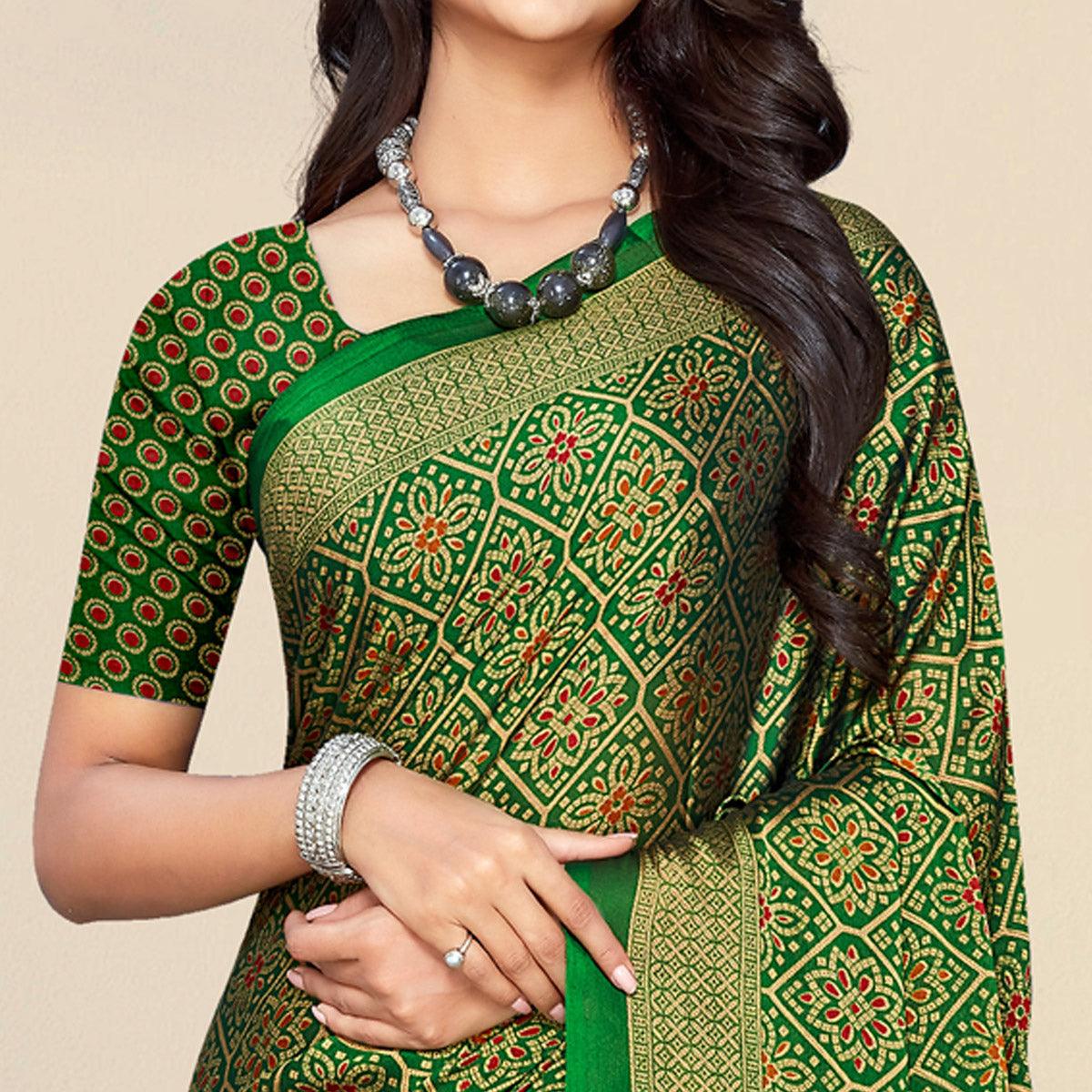 Green Bandhani Printed Chiffon Saree - Peachmode
