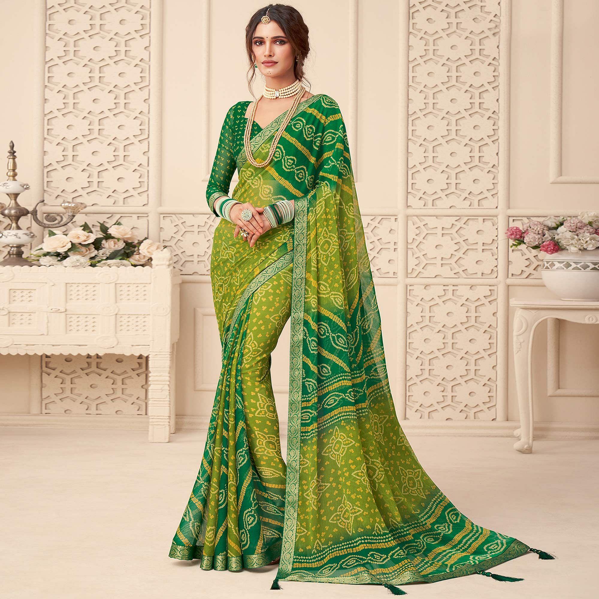 Green Bandhani Printed Chiffon Saree With Tassels - Peachmode