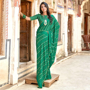 Green Bandhani Printed Chiffon Saree With Tassels - Peachmode