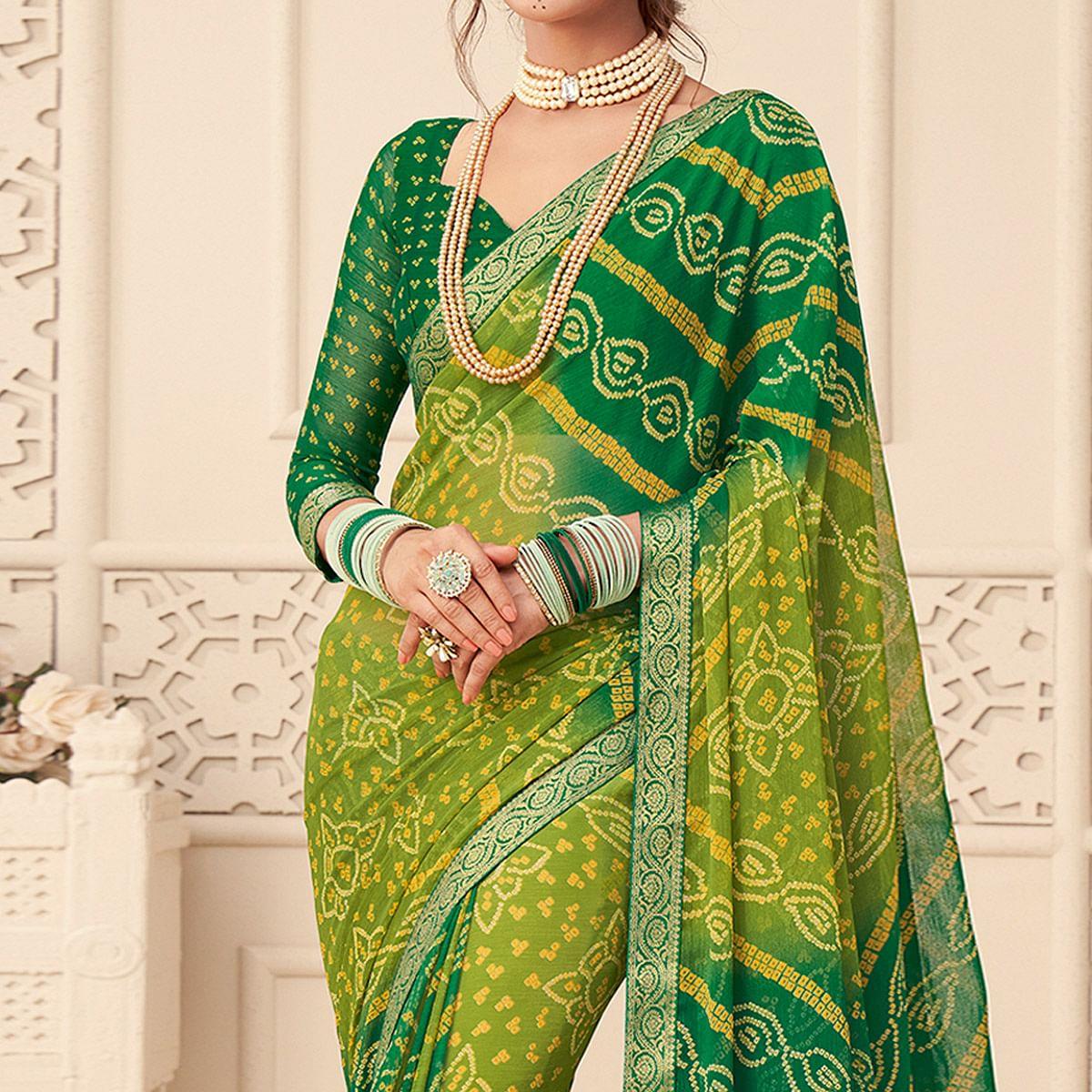 Green Bandhani Printed Chiffon Saree With Tassels - Peachmode