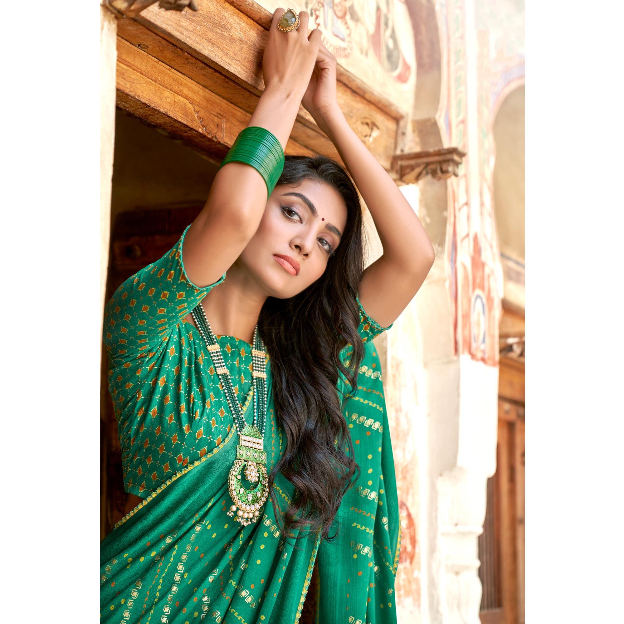 Green Bandhani Printed Chiffon Saree With Tassels - Peachmode