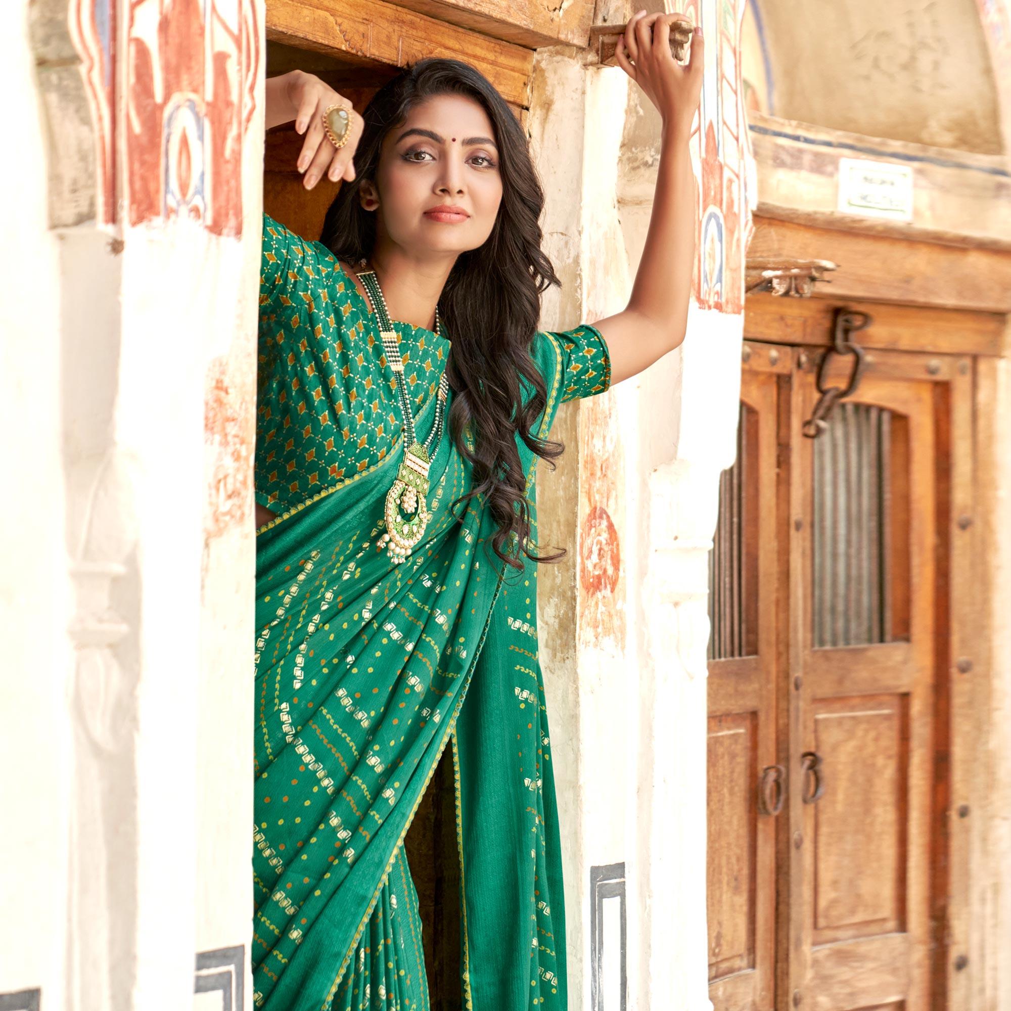 Green Bandhani Printed Chiffon Saree With Tassels - Peachmode
